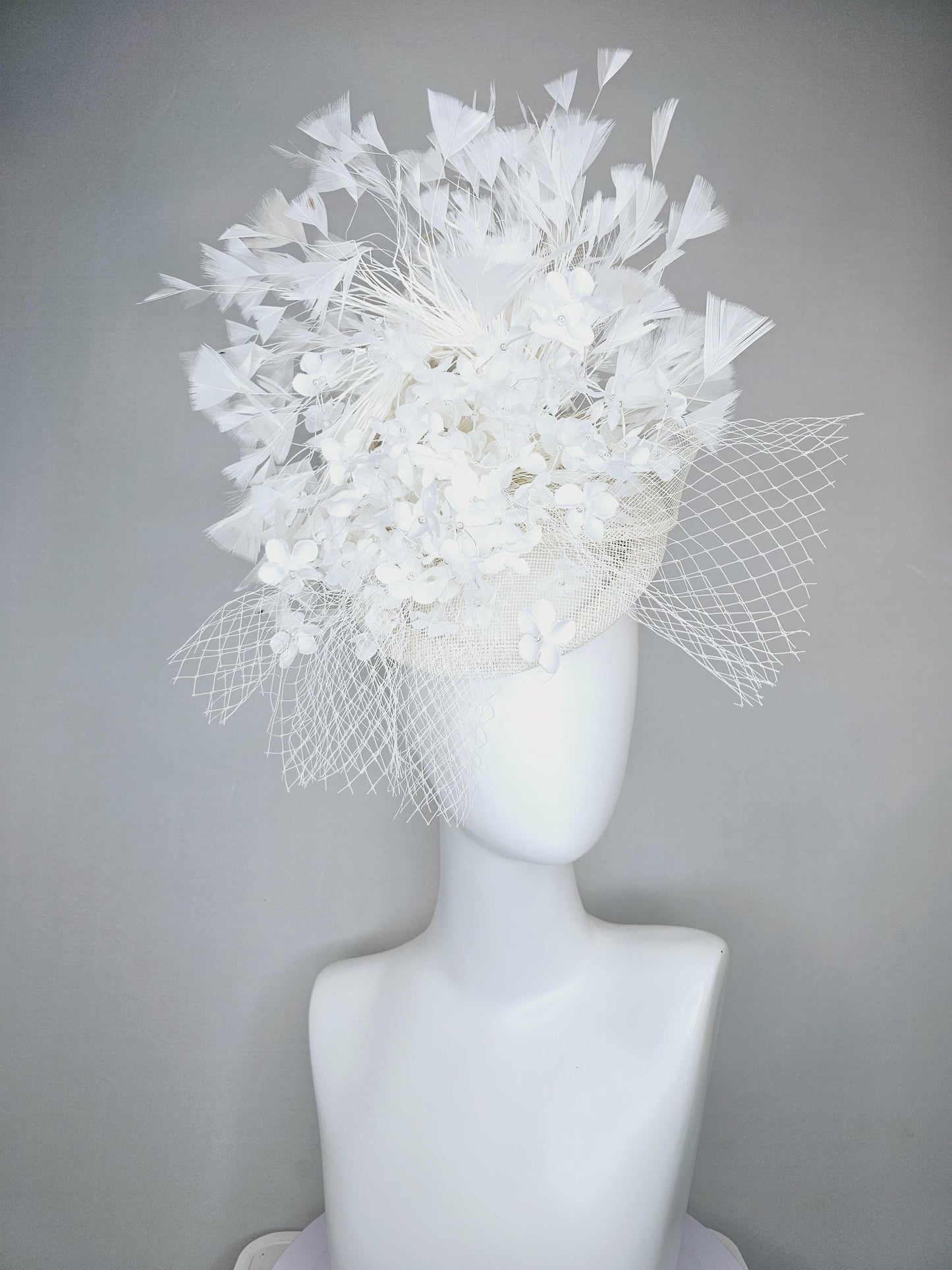 kentucky derby hat fascinator ivory white sinamay with bow and netting,ivory white silk flowers with pearls, and branching white feathers