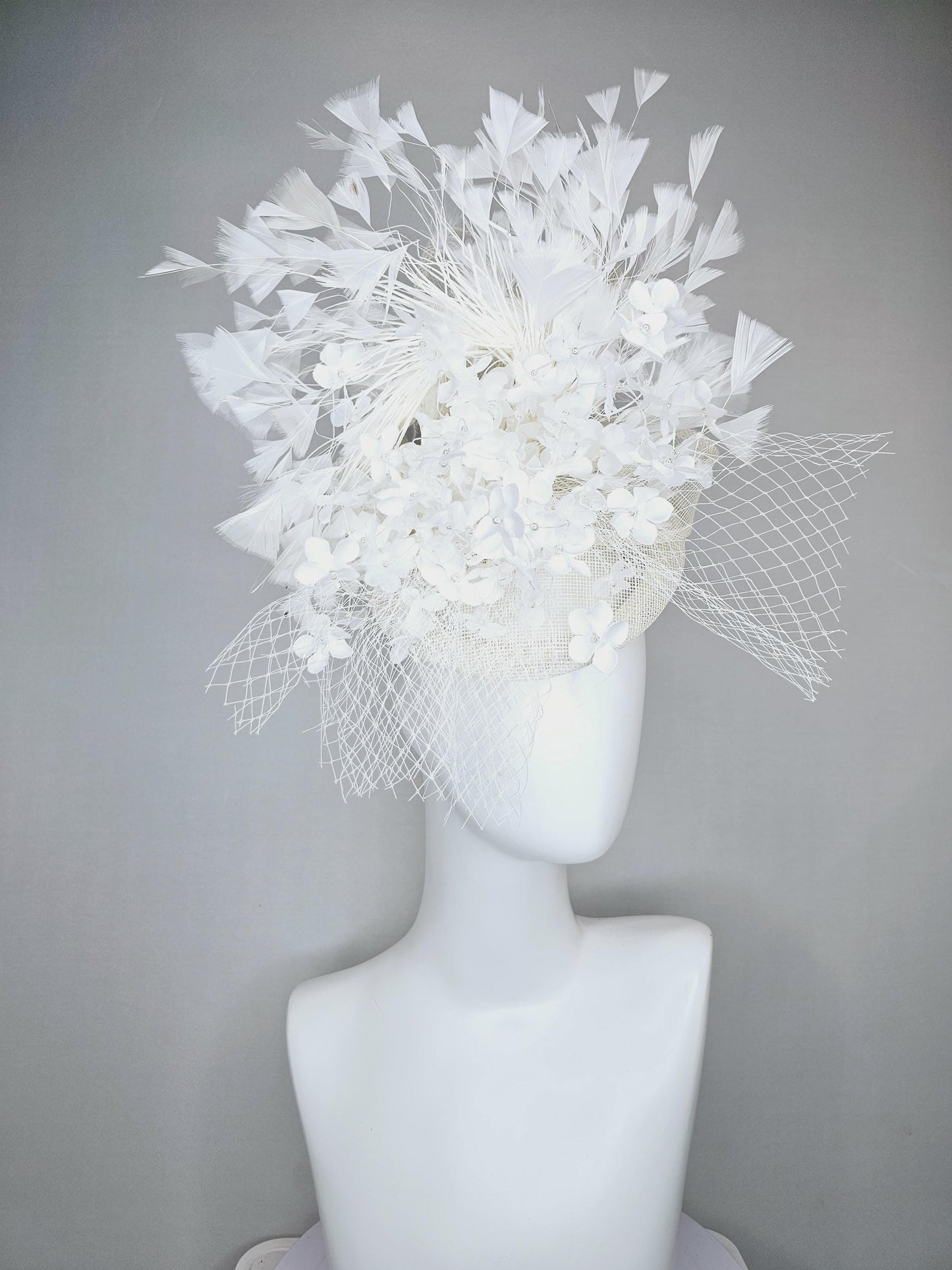 kentucky derby hat fascinator ivory white sinamay with bow and netting,ivory white silk flowers with pearls, and branching white feathers