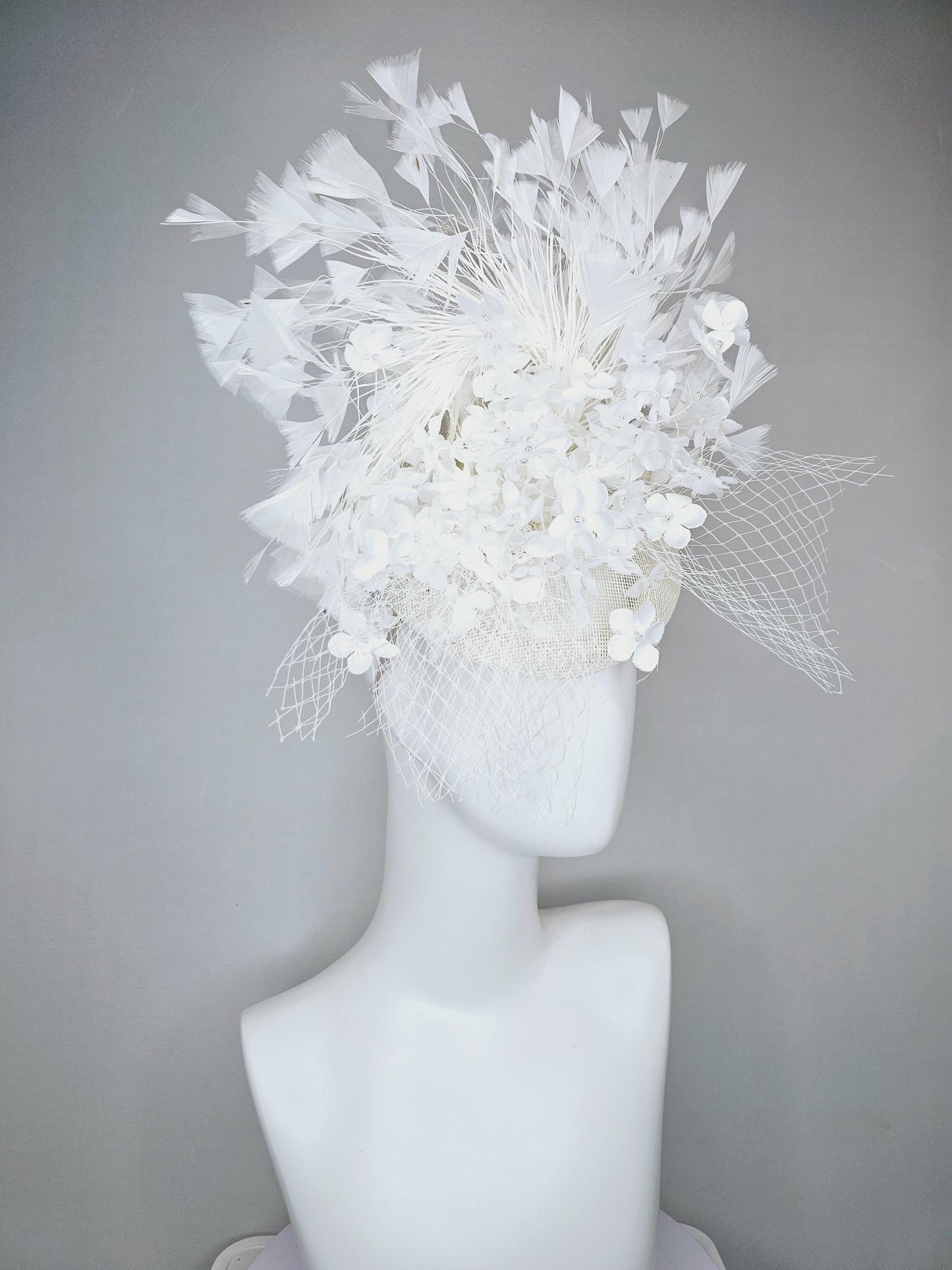 kentucky derby hat fascinator ivory white sinamay with bow and netting,ivory white silk flowers with pearls, and branching white feathers