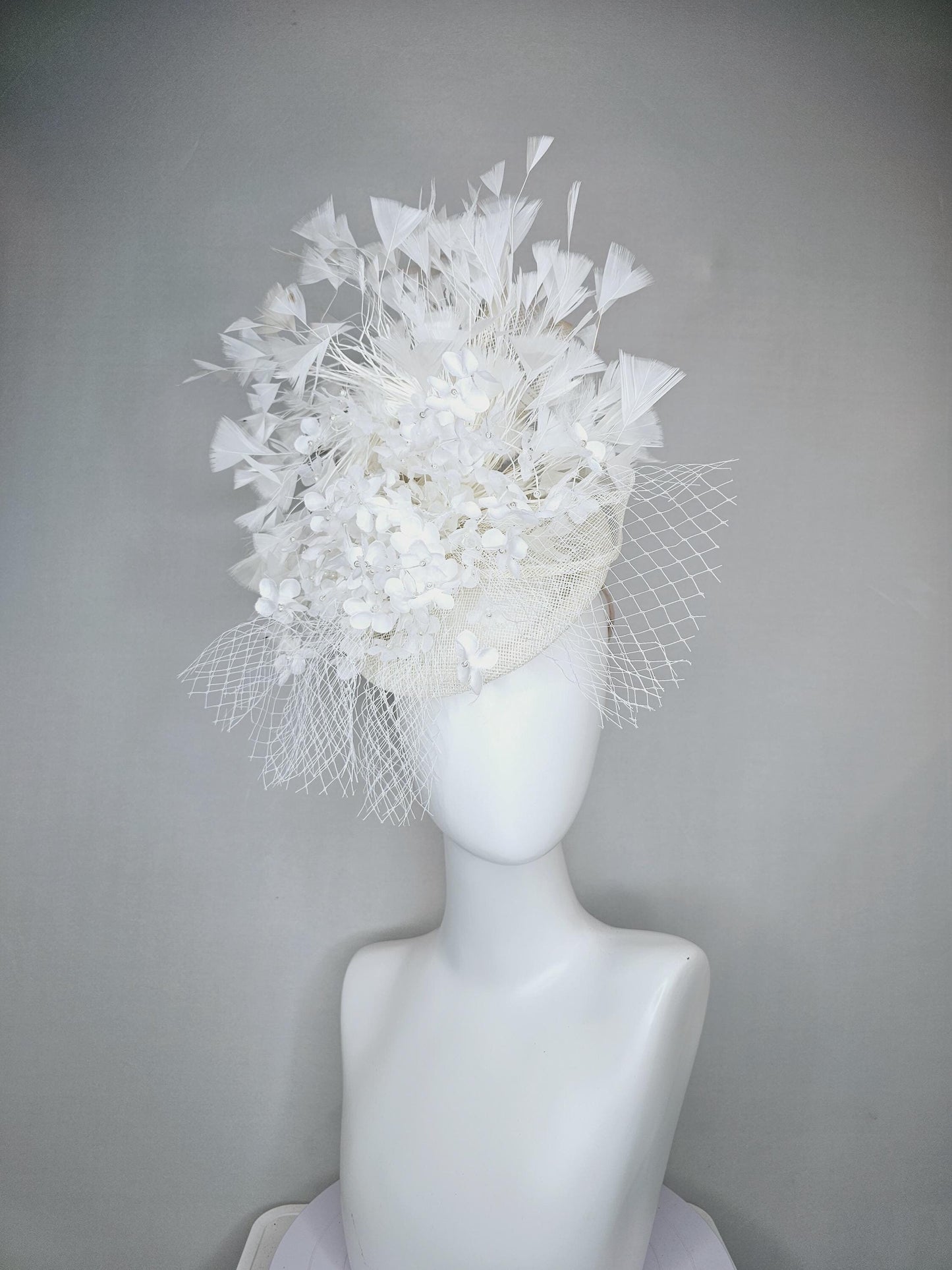 kentucky derby hat fascinator ivory white sinamay with bow and netting,ivory white silk flowers with pearls, and branching white feathers