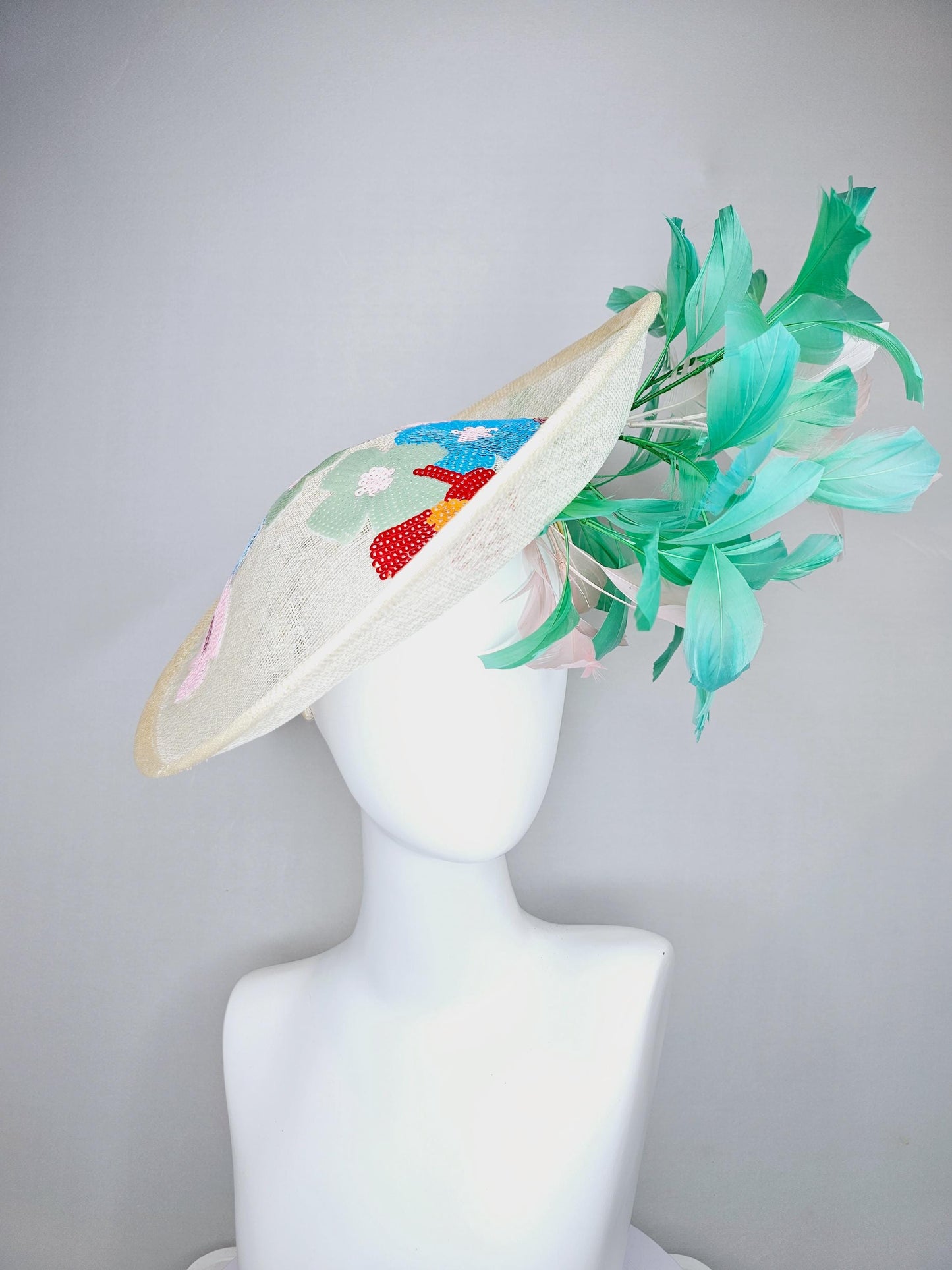 kentucky derby hat fascinator white sinamay saucer with colorful blue red green yellow floral sequined embroidered, green and white feathers