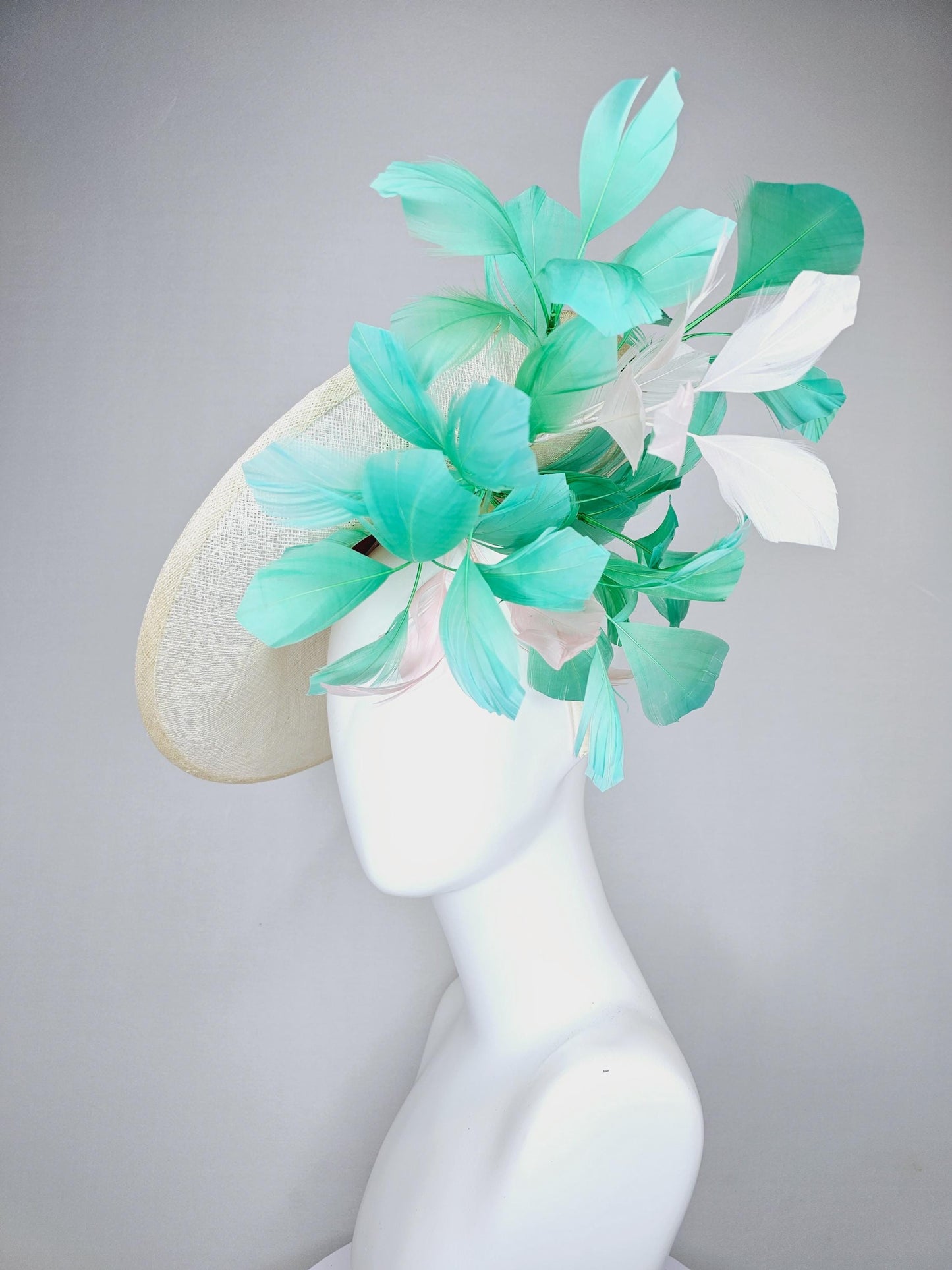 kentucky derby hat fascinator white sinamay saucer with colorful blue red green yellow floral sequined embroidered, green and white feathers