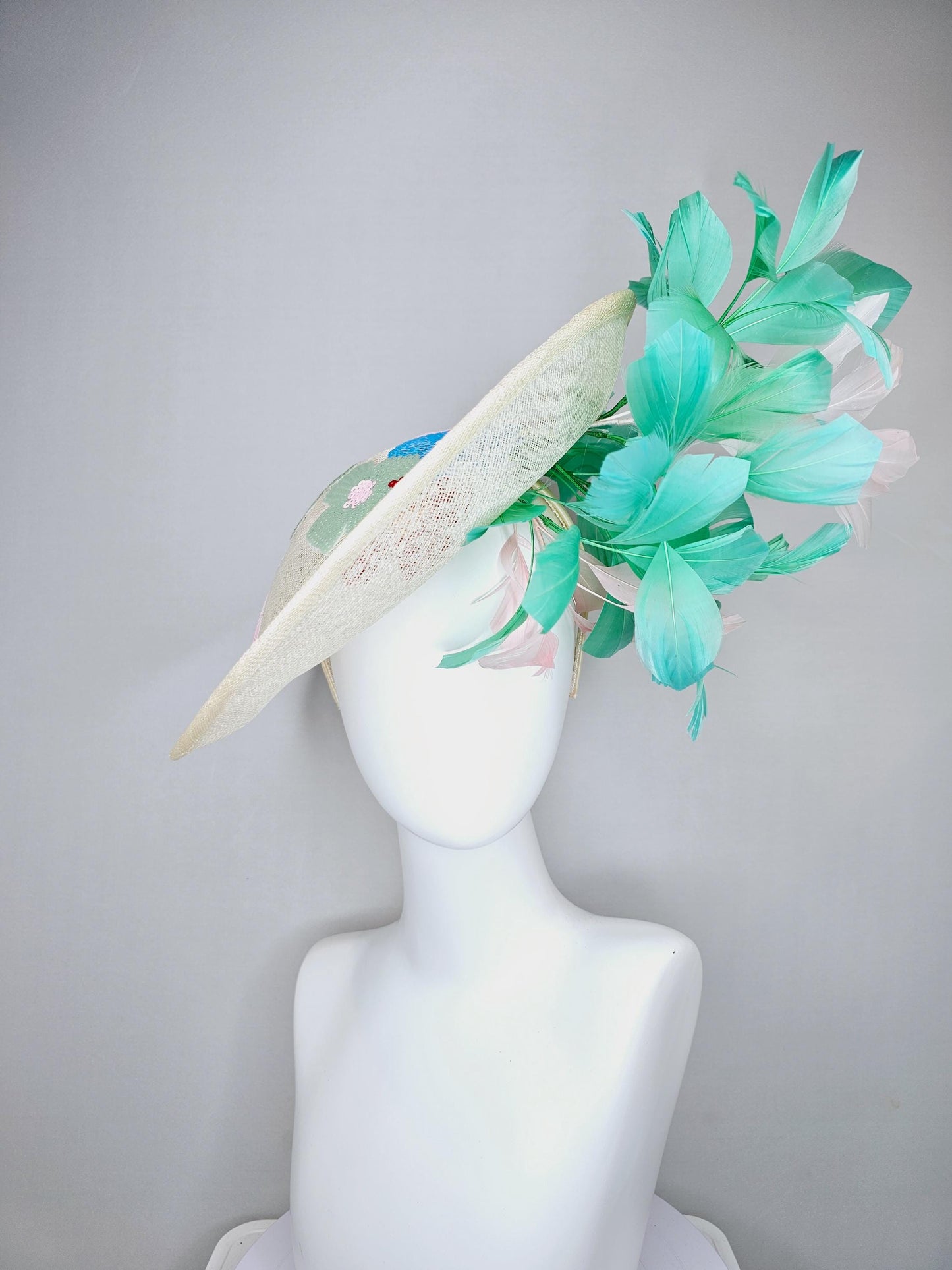 kentucky derby hat fascinator white sinamay saucer with colorful blue red green yellow floral sequined embroidered, green and white feathers