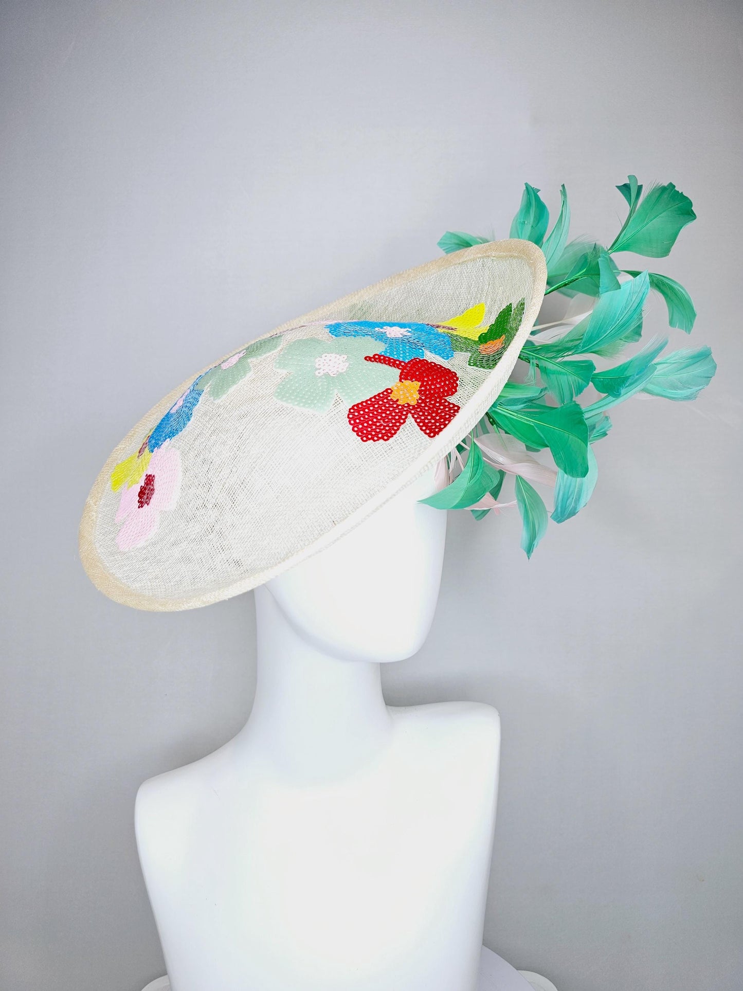 kentucky derby hat fascinator white sinamay saucer with colorful blue red green yellow floral sequined embroidered, green and white feathers