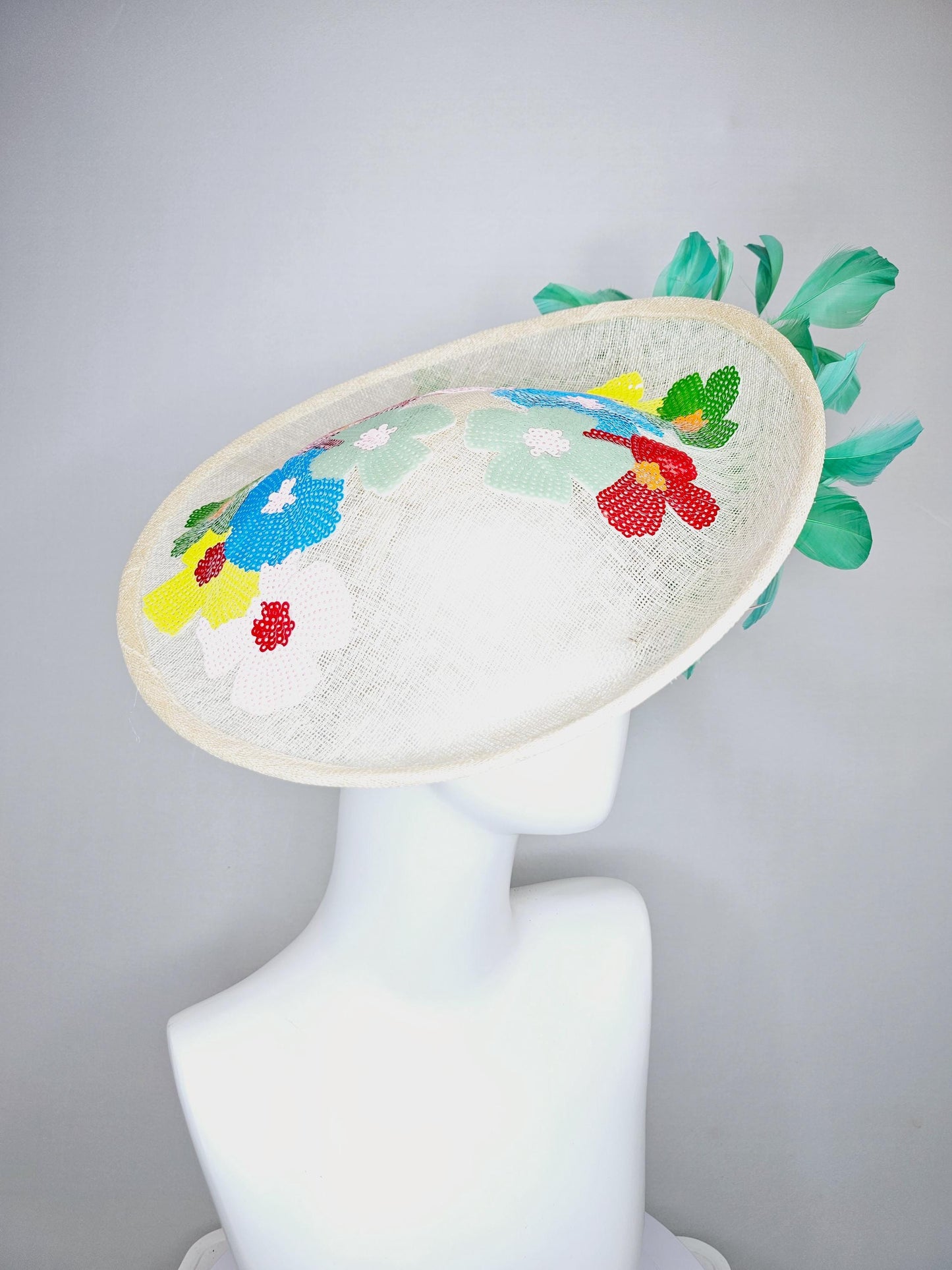 kentucky derby hat fascinator white sinamay saucer with colorful blue red green yellow floral sequined embroidered, green and white feathers