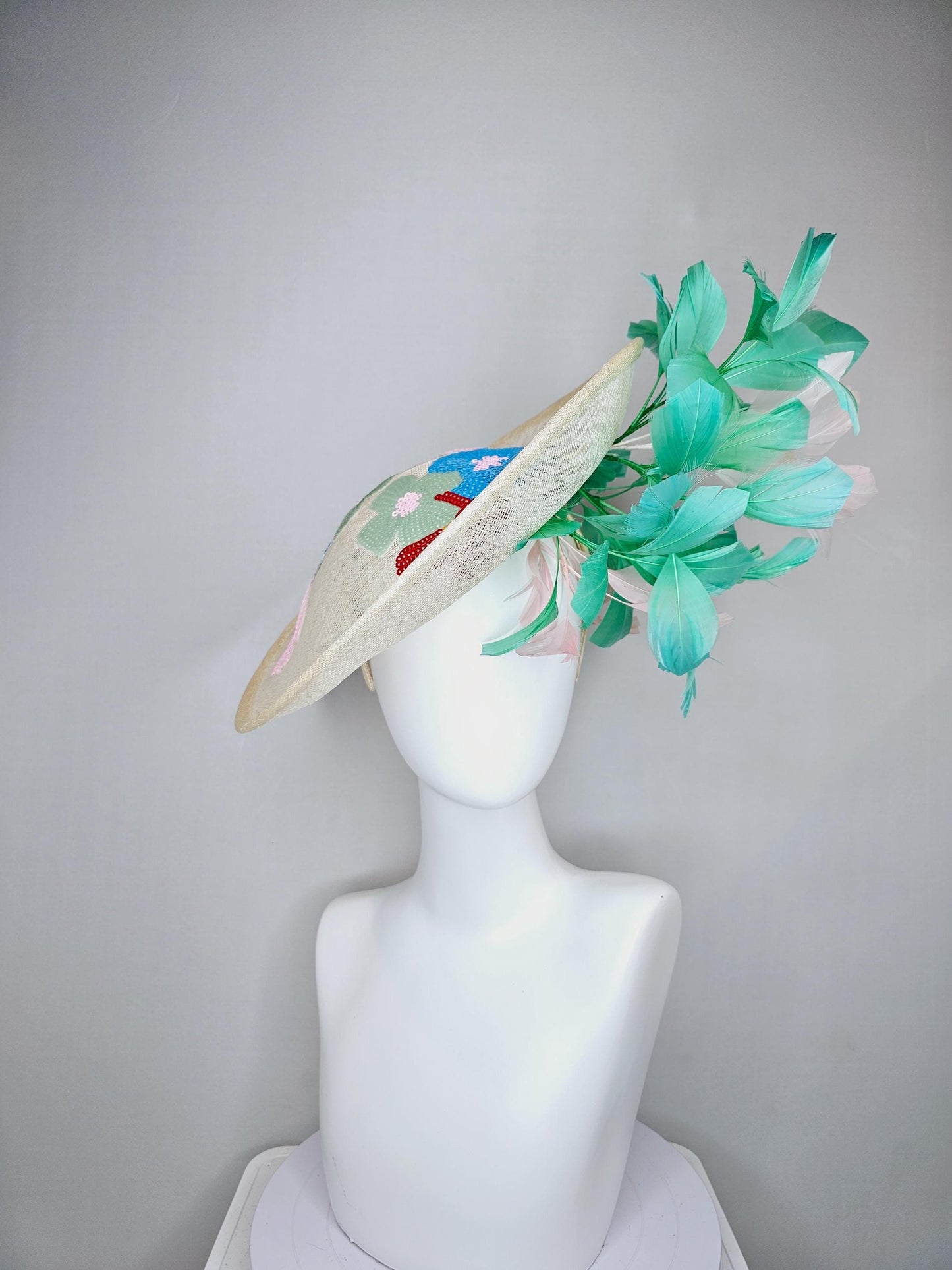 kentucky derby hat fascinator white sinamay saucer with colorful blue red green yellow floral sequined embroidered, green and white feathers