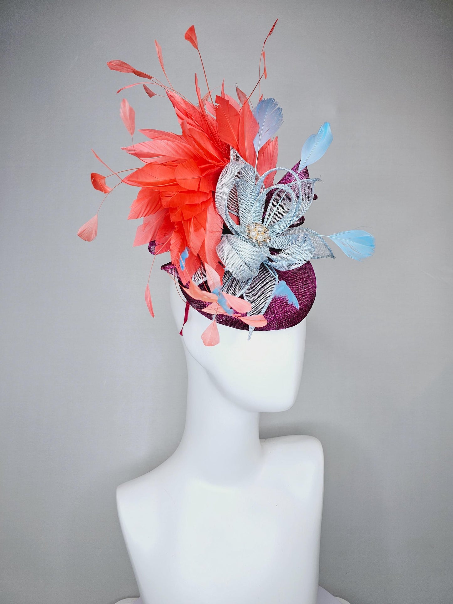 kentucky derby hat fascinator purple violet sinamay orange coral branching feathers and light blue sinamay curls with baby blue feathers