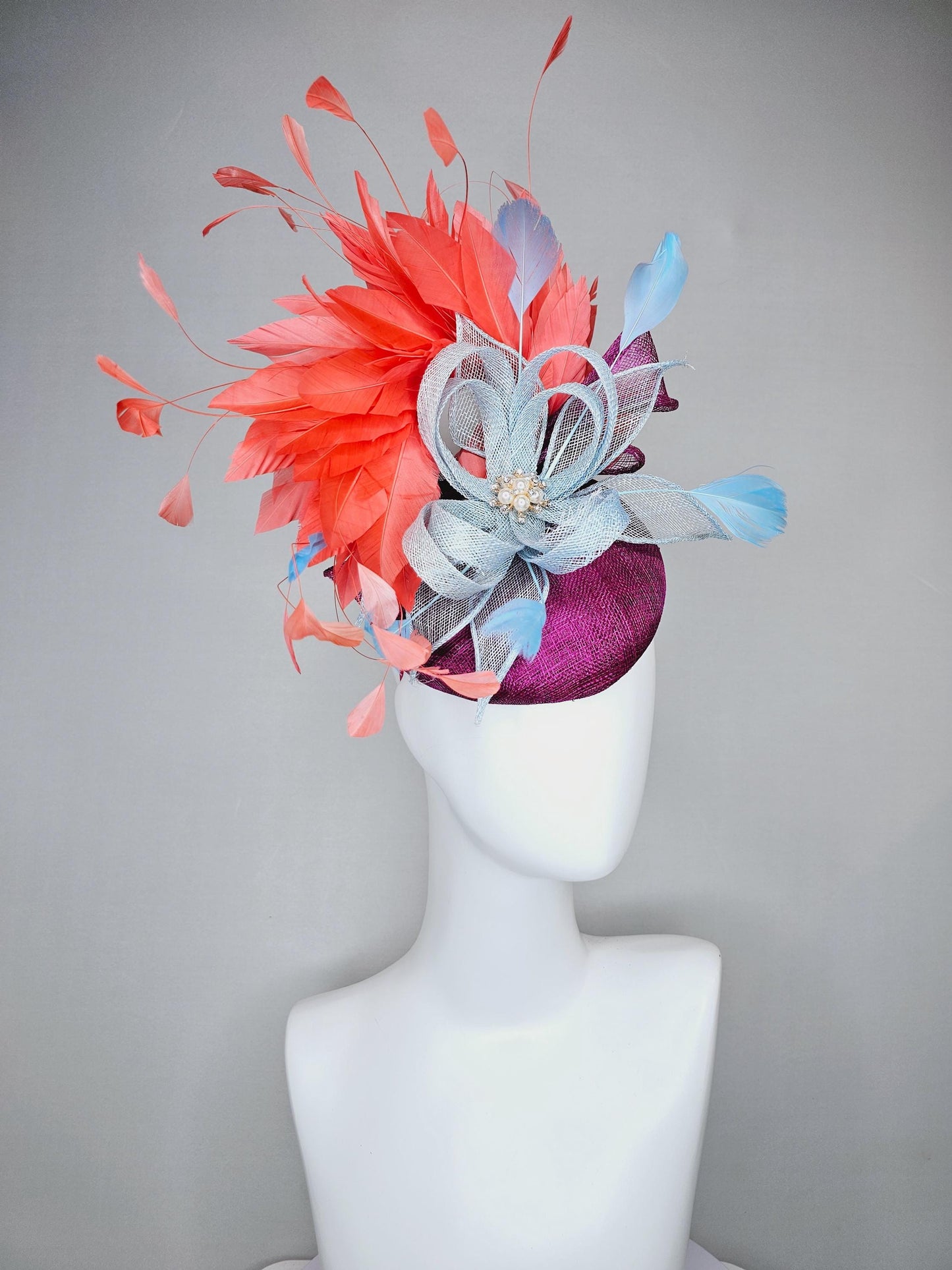 kentucky derby hat fascinator purple violet sinamay orange coral branching feathers and light blue sinamay curls with baby blue feathers