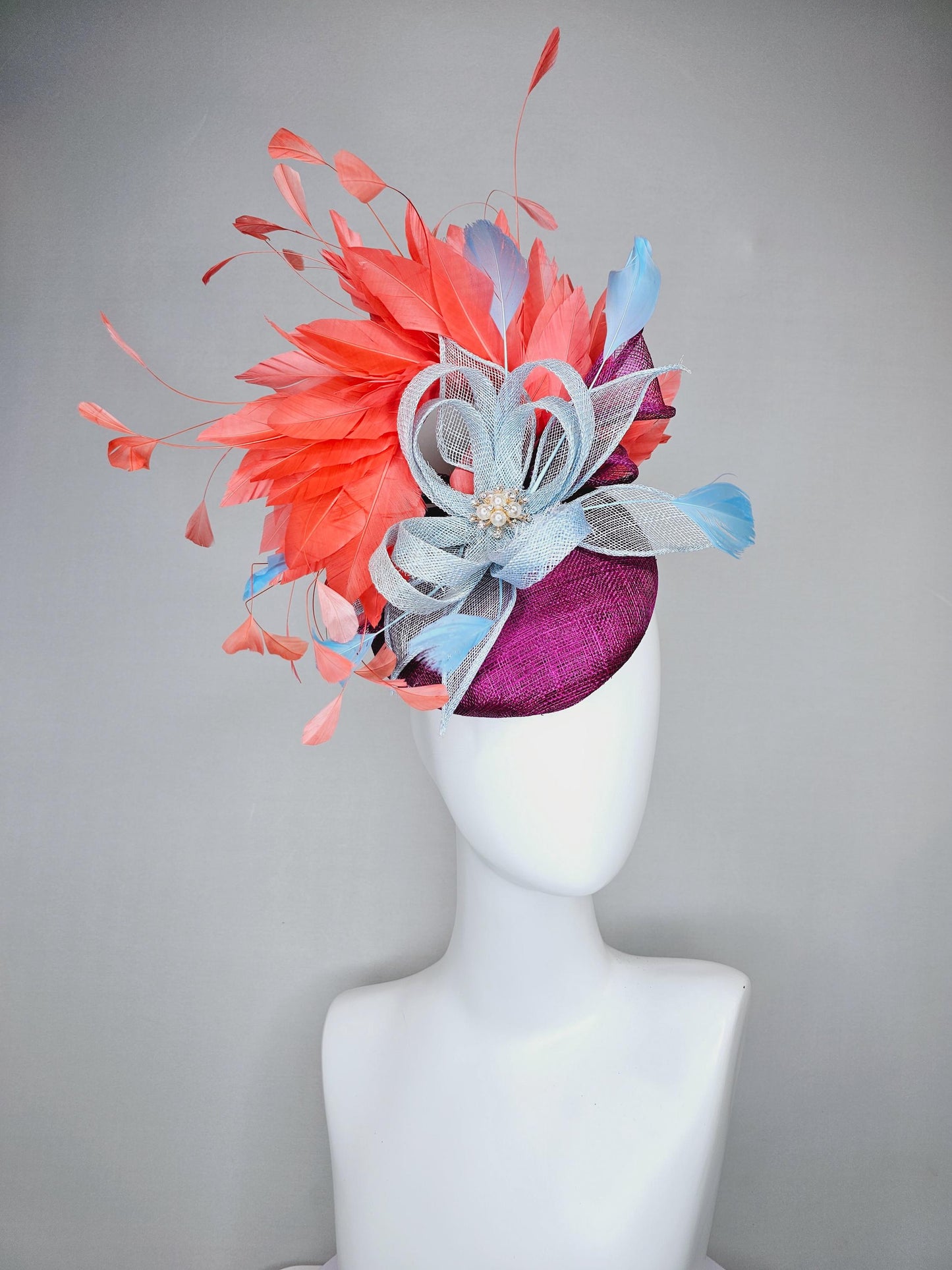 kentucky derby hat fascinator purple violet sinamay orange coral branching feathers and light blue sinamay curls with baby blue feathers