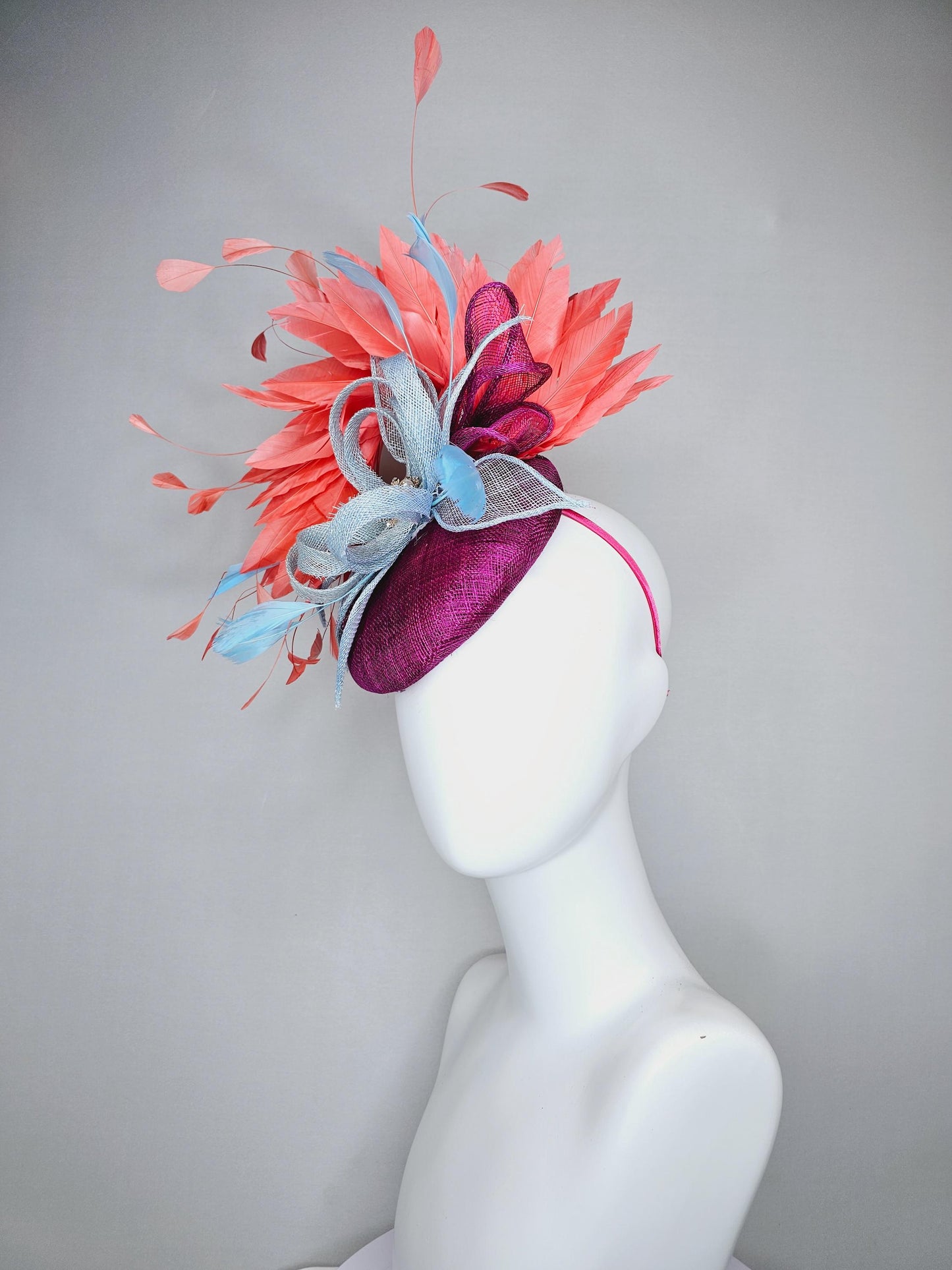 kentucky derby hat fascinator purple violet sinamay orange coral branching feathers and light blue sinamay curls with baby blue feathers