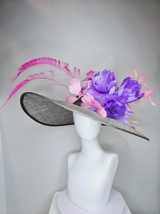 kentucky derby gray sinamay large wide brim hat with purple feather flowers and branching light pink feathers with hot pink long feathers