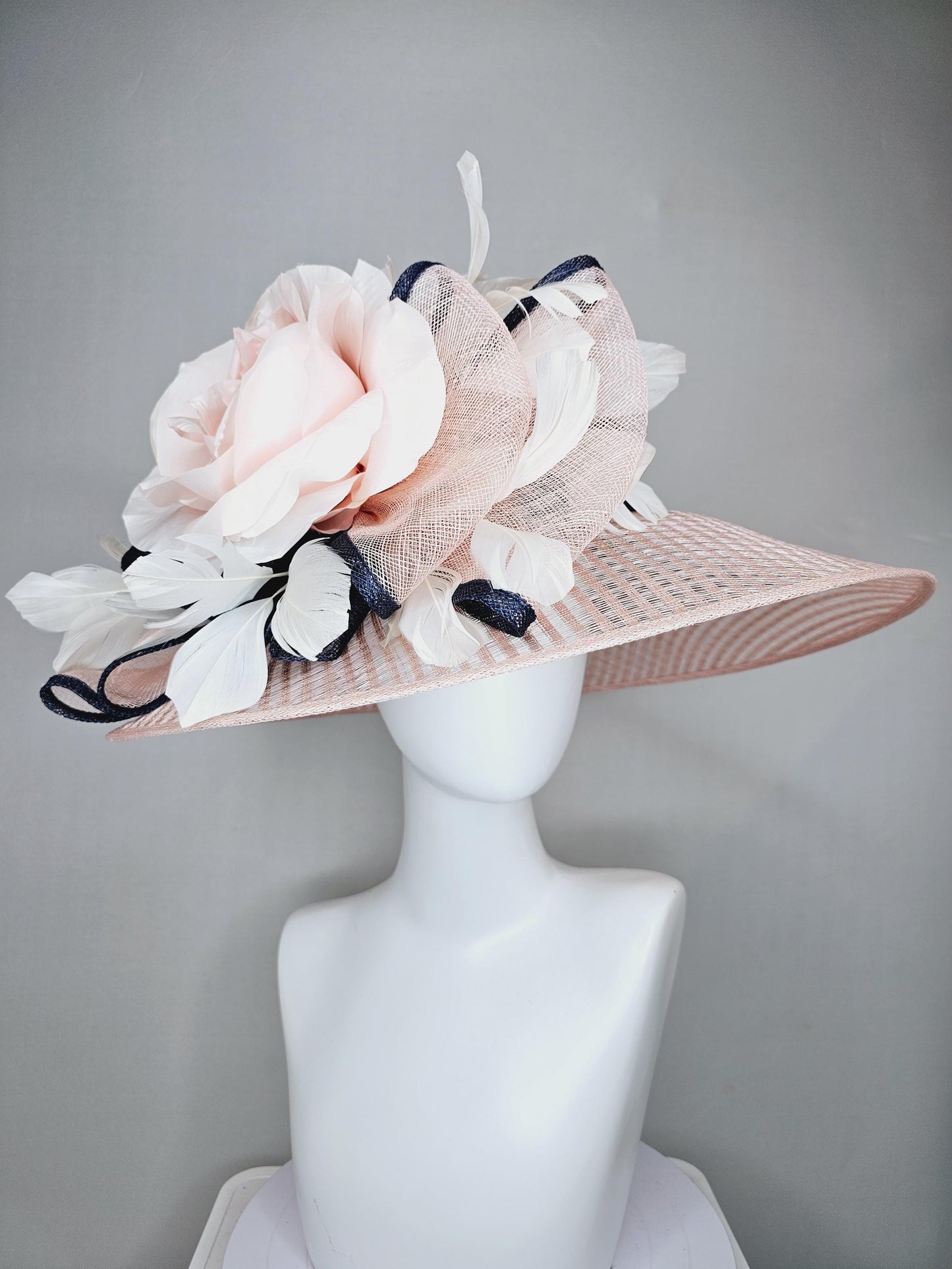 kentucky derby hat wide brim light dusty pink sinamay with light pink silk satin rose,black sinamay details and ivory branching feather