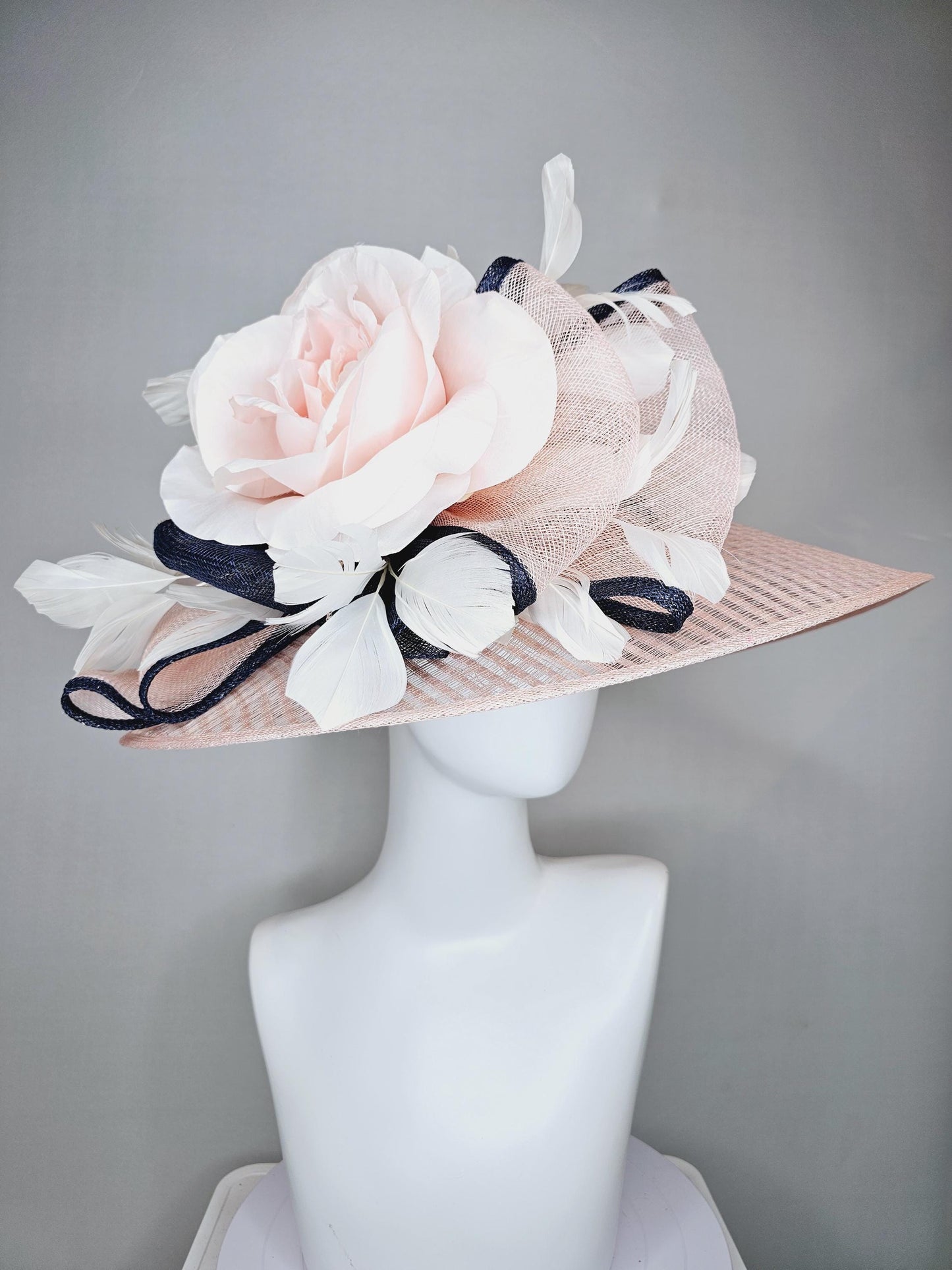 kentucky derby hat wide brim light dusty pink sinamay with light pink silk satin rose,black sinamay details and ivory branching feather