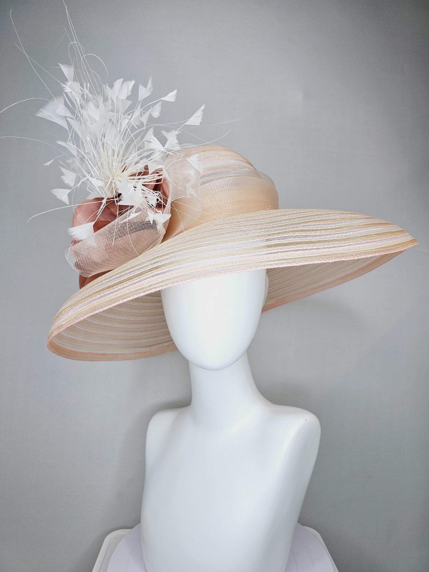 kentucky derby hat fascinator tan beige neutral wide brim with ivory sinamay bow,white branching feathers,dust rose gold flower pearl center