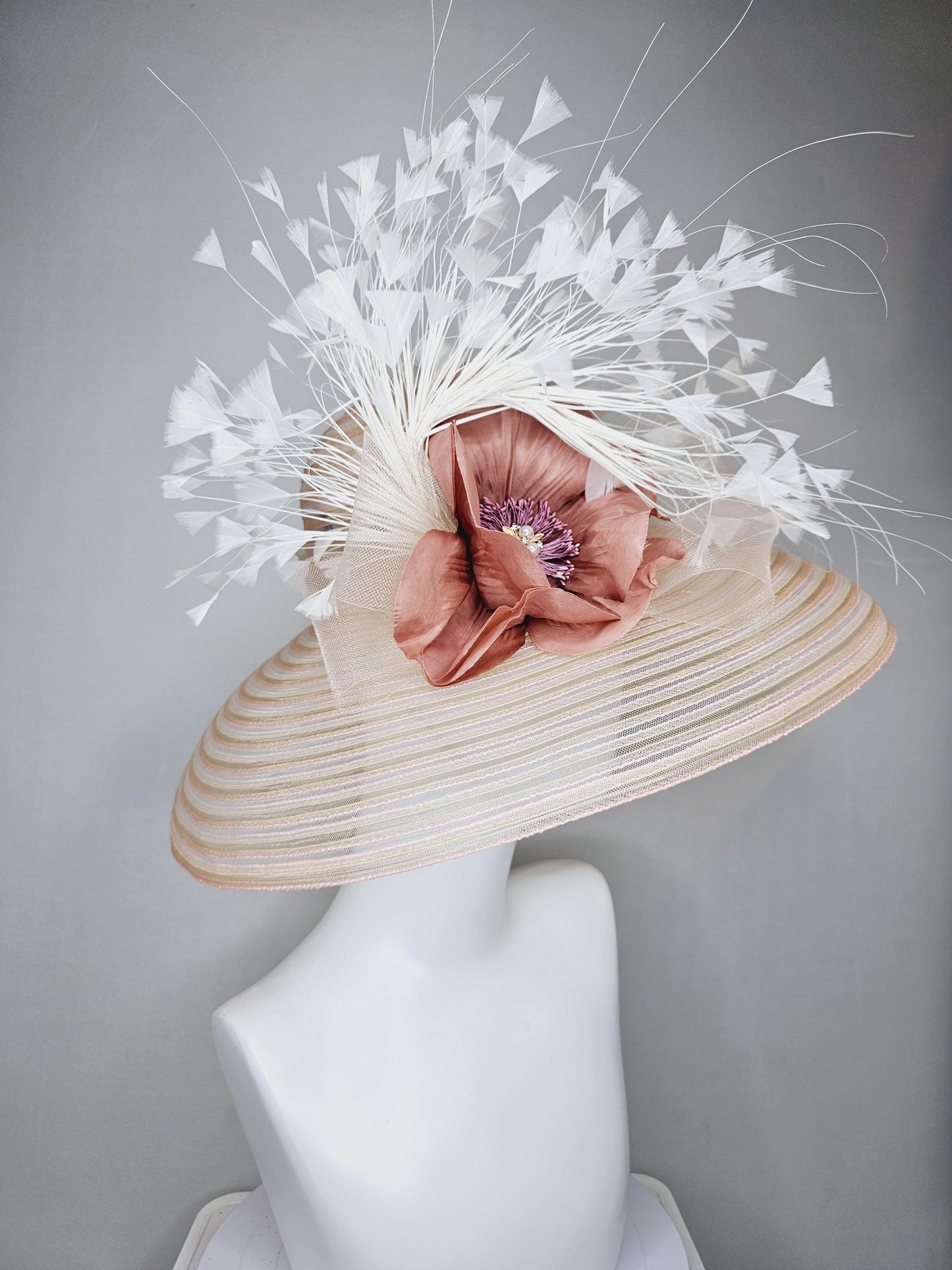 kentucky derby hat fascinator tan beige neutral wide brim with ivory sinamay bow,white branching feathers,dust rose gold flower pearl center