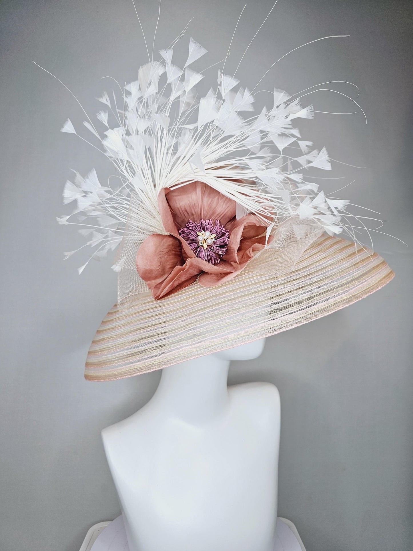 kentucky derby hat fascinator tan beige neutral wide brim with ivory sinamay bow,white branching feathers,dust rose gold flower pearl center