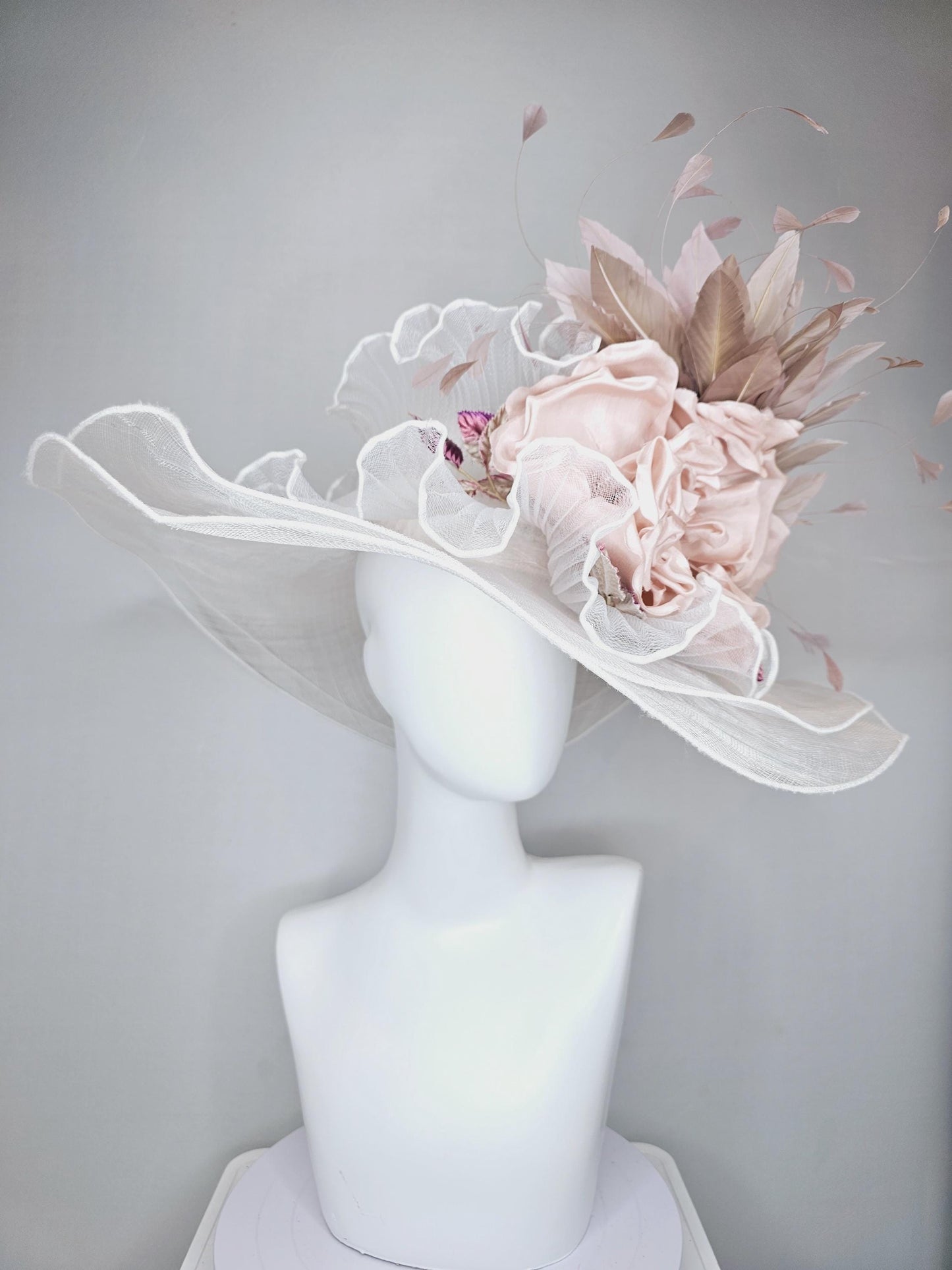 kentucky derby wide brim white ivory sinamay hat with large champagne blush rose silk satin flower,beige tan feathers and purple tan leaves