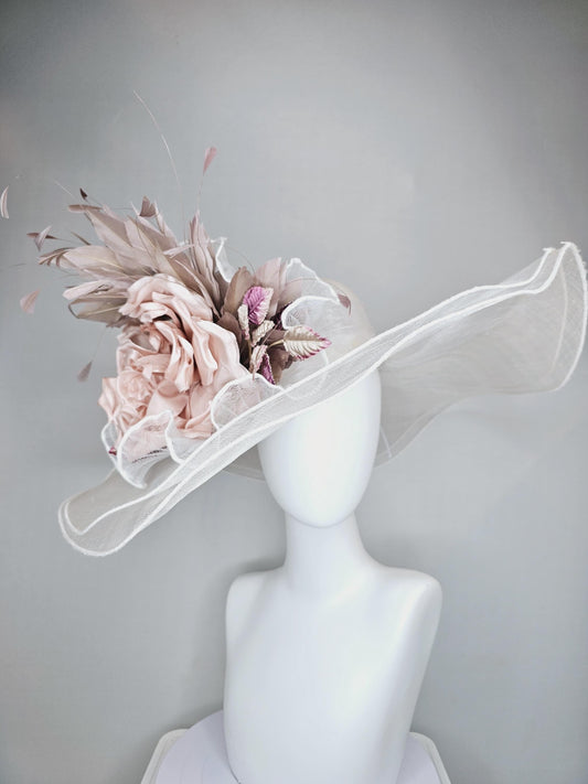 kentucky derby wide brim white ivory sinamay hat with large champagne blush rose silk satin flower,beige tan feathers and purple tan leaves