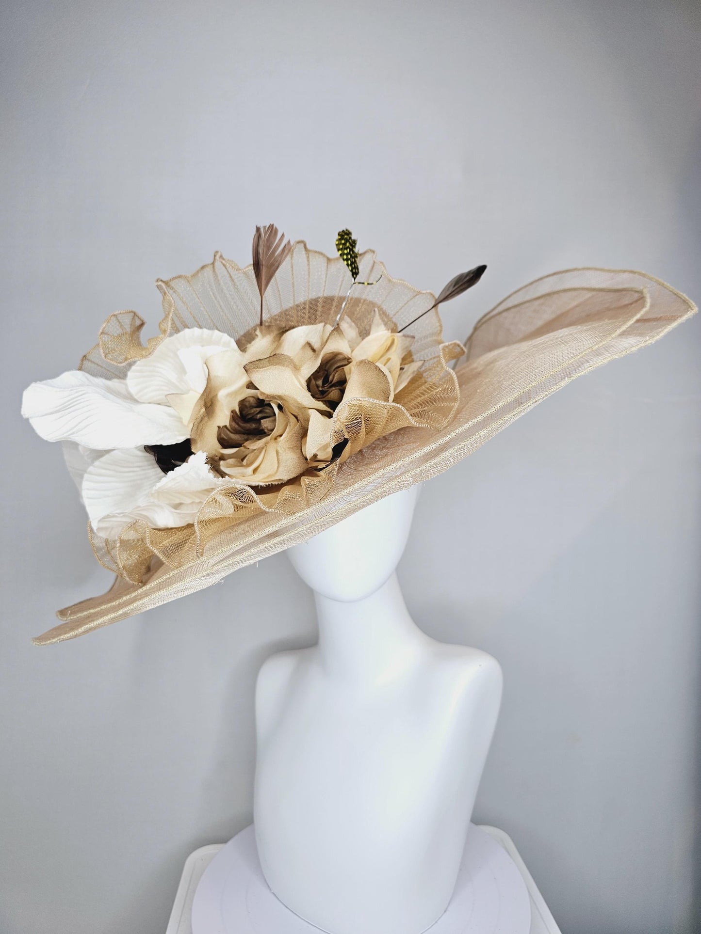 kentucky derby hat gold tan beige wide brim sinamay with gold brown silk satin flowers,white silk pleated details,brown and tan feathers