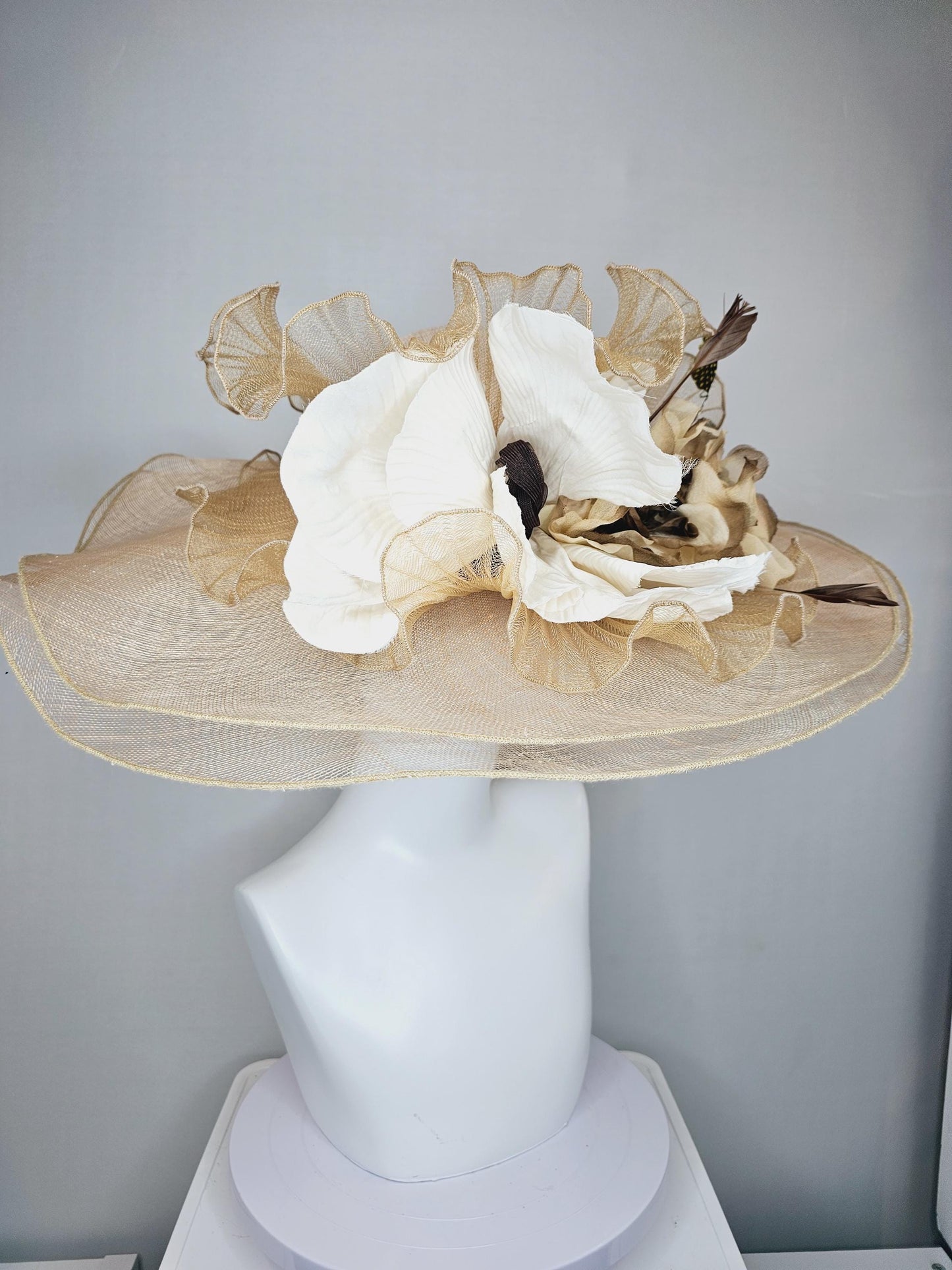 kentucky derby hat gold tan beige wide brim sinamay with gold brown silk satin flowers,white silk pleated details,brown and tan feathers