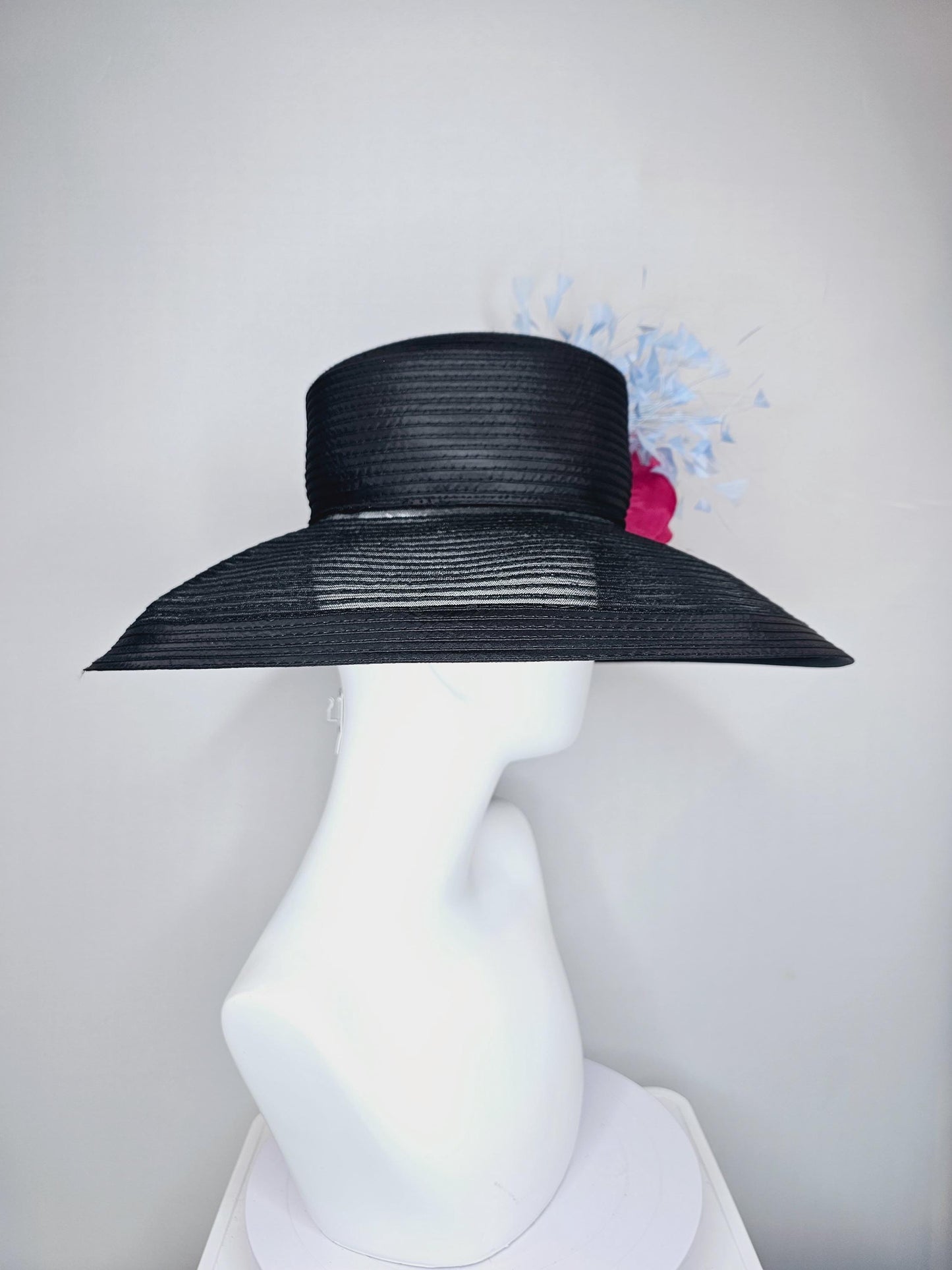 kentucky derby hat fascinator black sinamay wide brim with hot pink silk satin flower with pearl core and light baby blue branching feathers