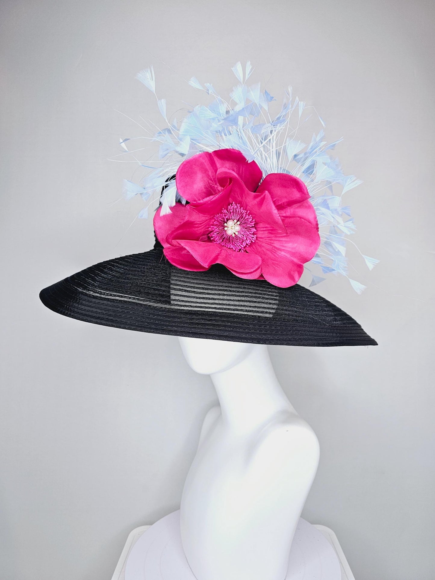 kentucky derby hat fascinator black sinamay wide brim with hot pink silk satin flower with pearl core and light baby blue branching feathers