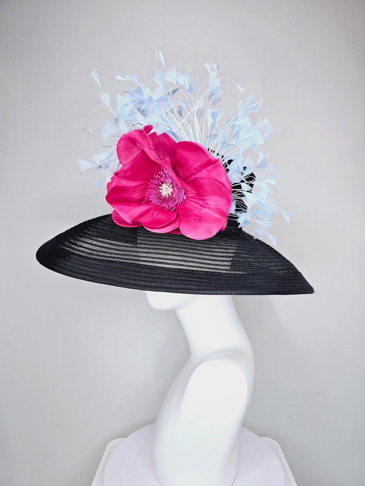 kentucky derby hat fascinator black sinamay wide brim with hot pink silk satin flower with pearl core and light baby blue branching feathers