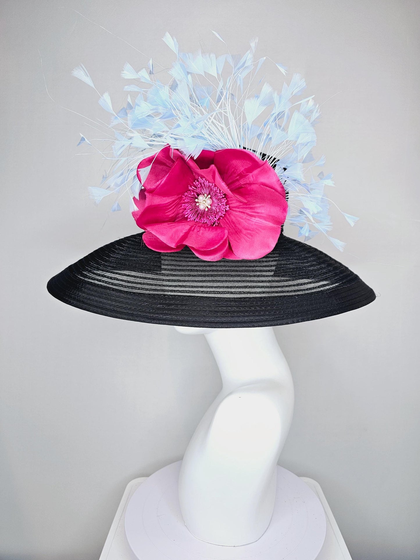 kentucky derby hat fascinator black sinamay wide brim with hot pink silk satin flower with pearl core and light baby blue branching feathers