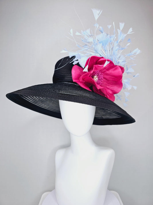 kentucky derby hat fascinator black sinamay wide brim with hot pink silk satin flower with pearl core and light baby blue branching feathers