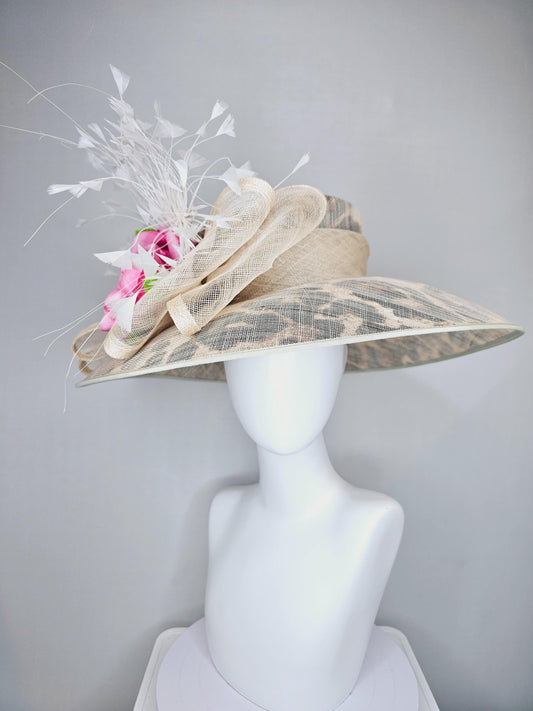 kentucky derby hat large wide brim sinamay neutral taupe beige leopard print hat with pink roses,green leaves, and white branching feathers