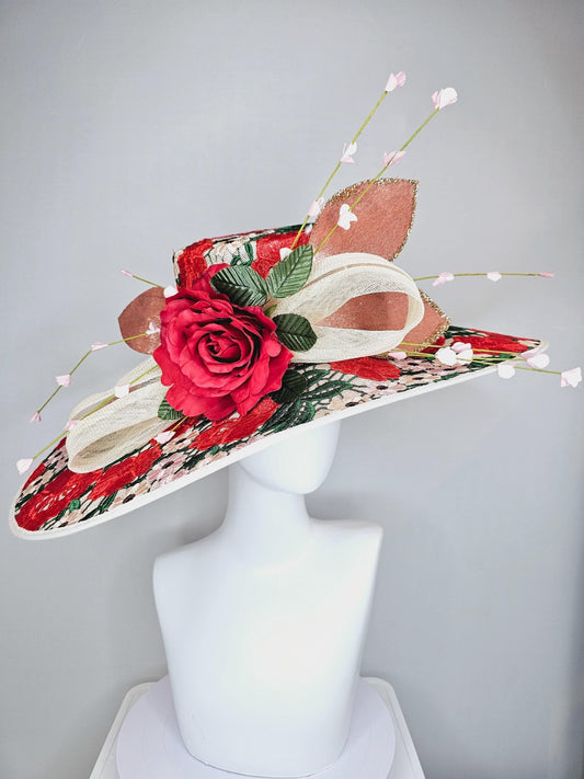 kentucky derby fascinator wide brim red green floral embroidered hat with silk red rose,beige neutral sinamay bow,taupe sparkle large leaves