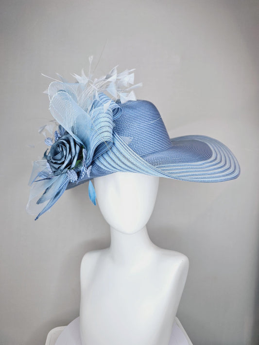 kentucky derby hat fascinator light sky blue wide brim sinamay with dusty blue silk flowers,light baby blue crinoline bow,light blue feather