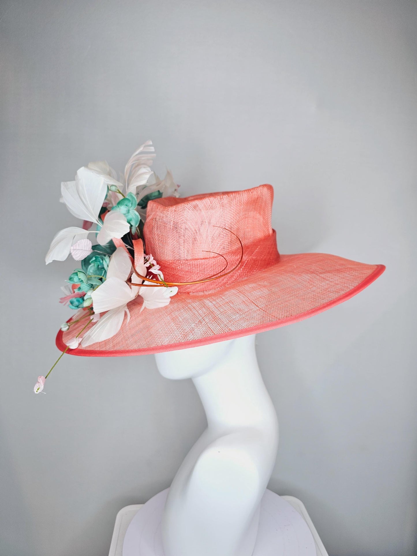 kentucky derby hat large wide brim sinamay coral orange peach hat,blue teal silk flower w/ pearl core,white and peach feathers,floral stems