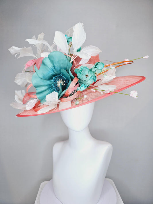 kentucky derby hat large wide brim sinamay coral orange peach hat,blue teal silk flower w/ pearl core,white and peach feathers,floral stems