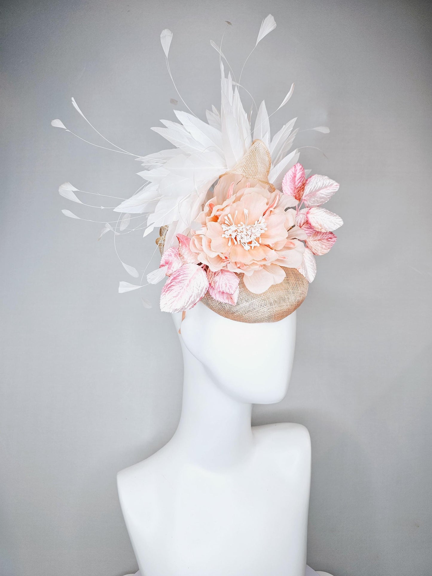 kentucky derby hat fascinator tan beige neutral sinamay,blush pink silk flower with ombre light pink leaves,branching white ivory feathers