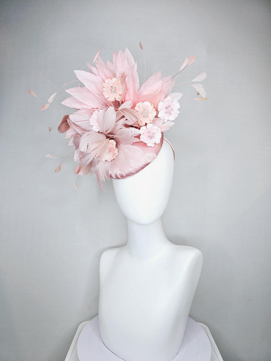 kentucky derby hat fascinator light pink satin with netting,blush dusty pink branching feathers,rhinestone pearl core pink silk flowers