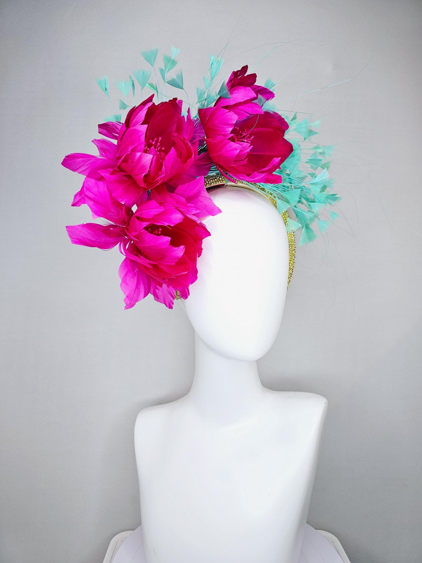 kentucky derby hat fascinator yellow gold rhinestone crystal headband,fuchsia hot pink feather flowers,mint green blue turquoise feathers