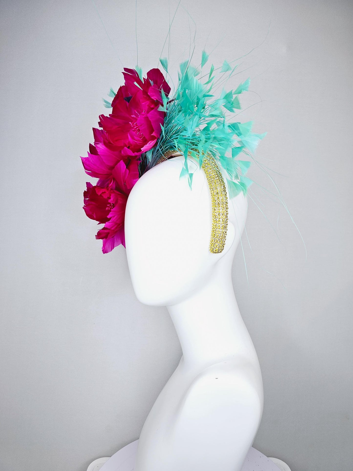 kentucky derby hat fascinator yellow gold rhinestone crystal headband,fuchsia hot pink feather flowers,mint green blue turquoise feathers