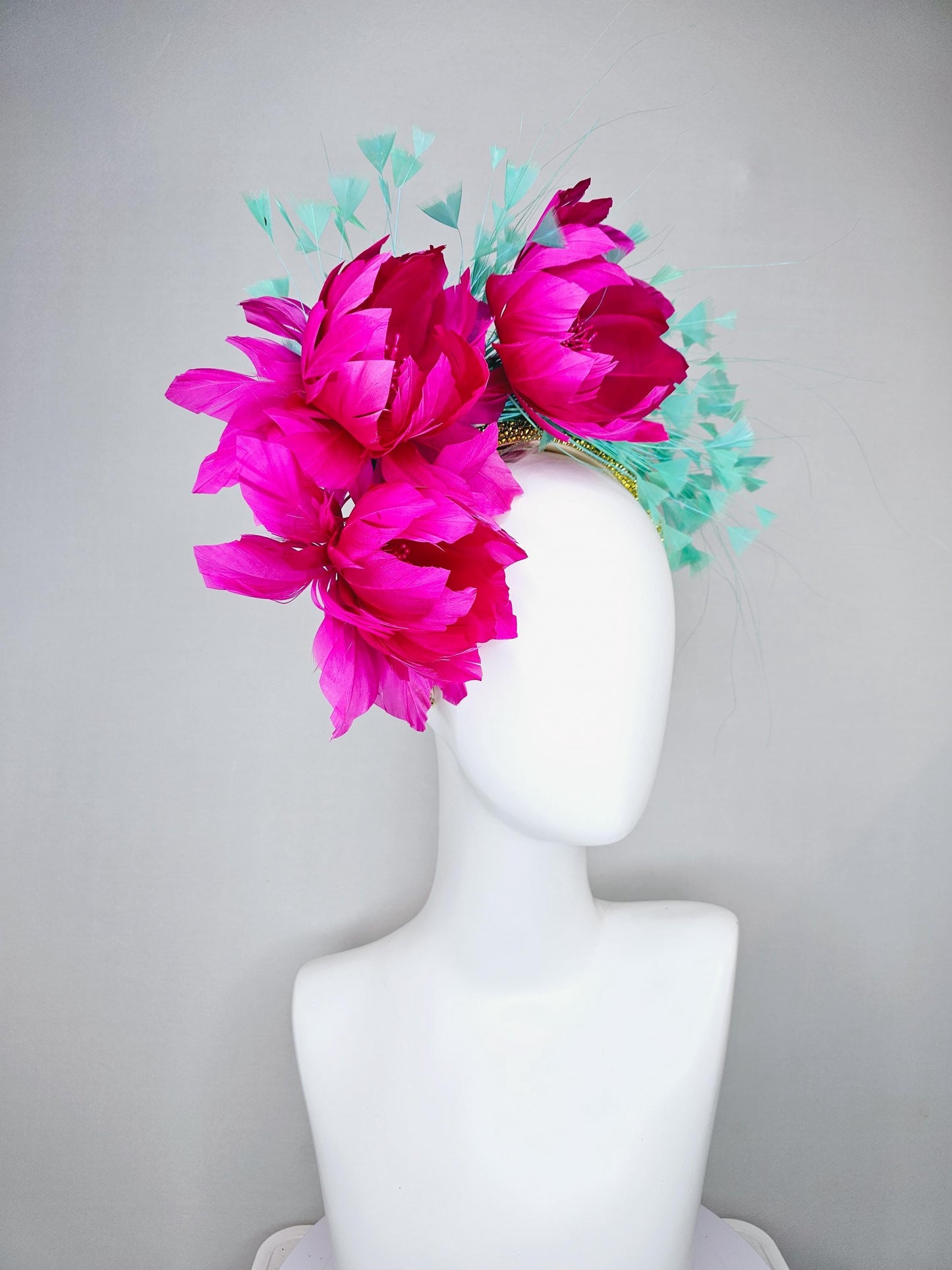 kentucky derby hat fascinator yellow gold rhinestone crystal headband,fuchsia hot pink feather flowers,mint green blue turquoise feathers