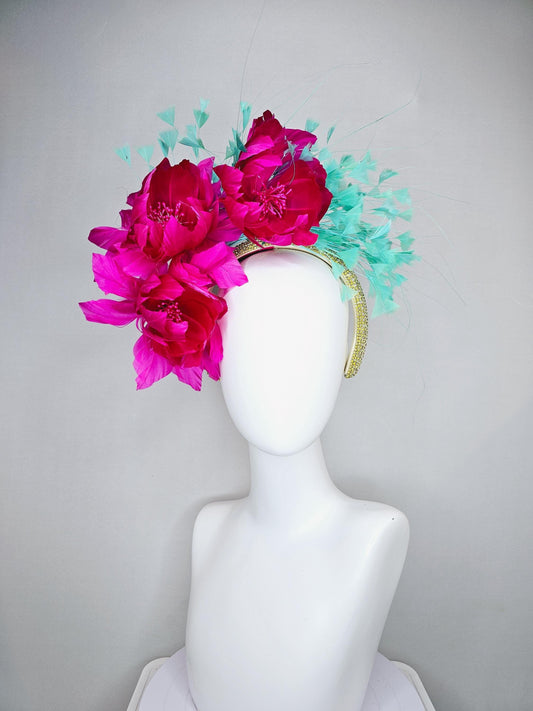 kentucky derby hat fascinator yellow gold rhinestone crystal headband,fuchsia hot pink feather flowers,mint green blue turquoise feathers