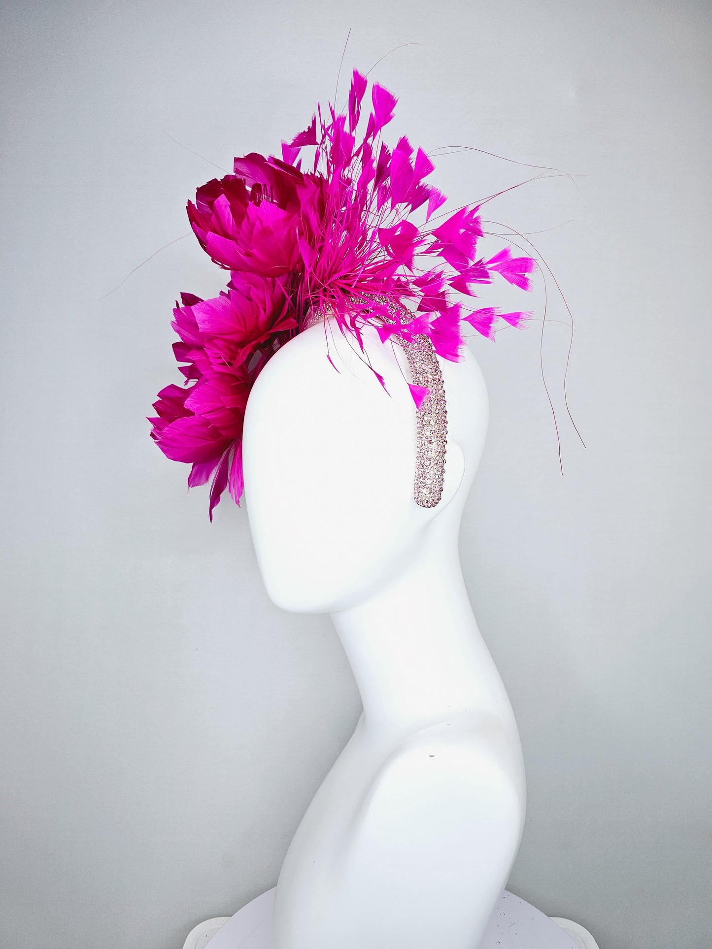 kentucky derby hat fascinator light pink crystal rhinestone headband with fuchsia hot pink fluffy feather flowers and hot pink feathers