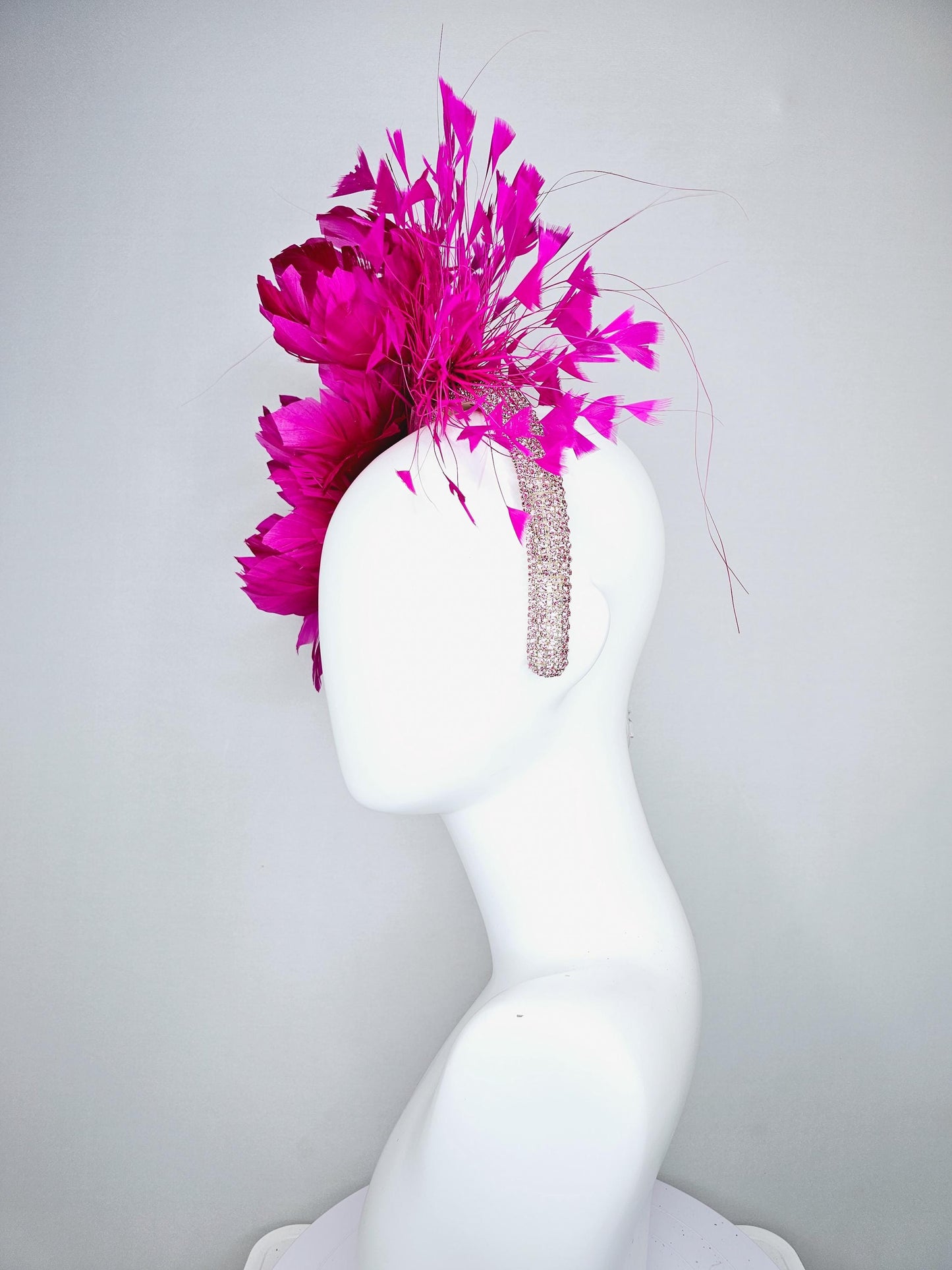 kentucky derby hat fascinator light pink crystal rhinestone headband with fuchsia hot pink fluffy feather flowers and hot pink feathers