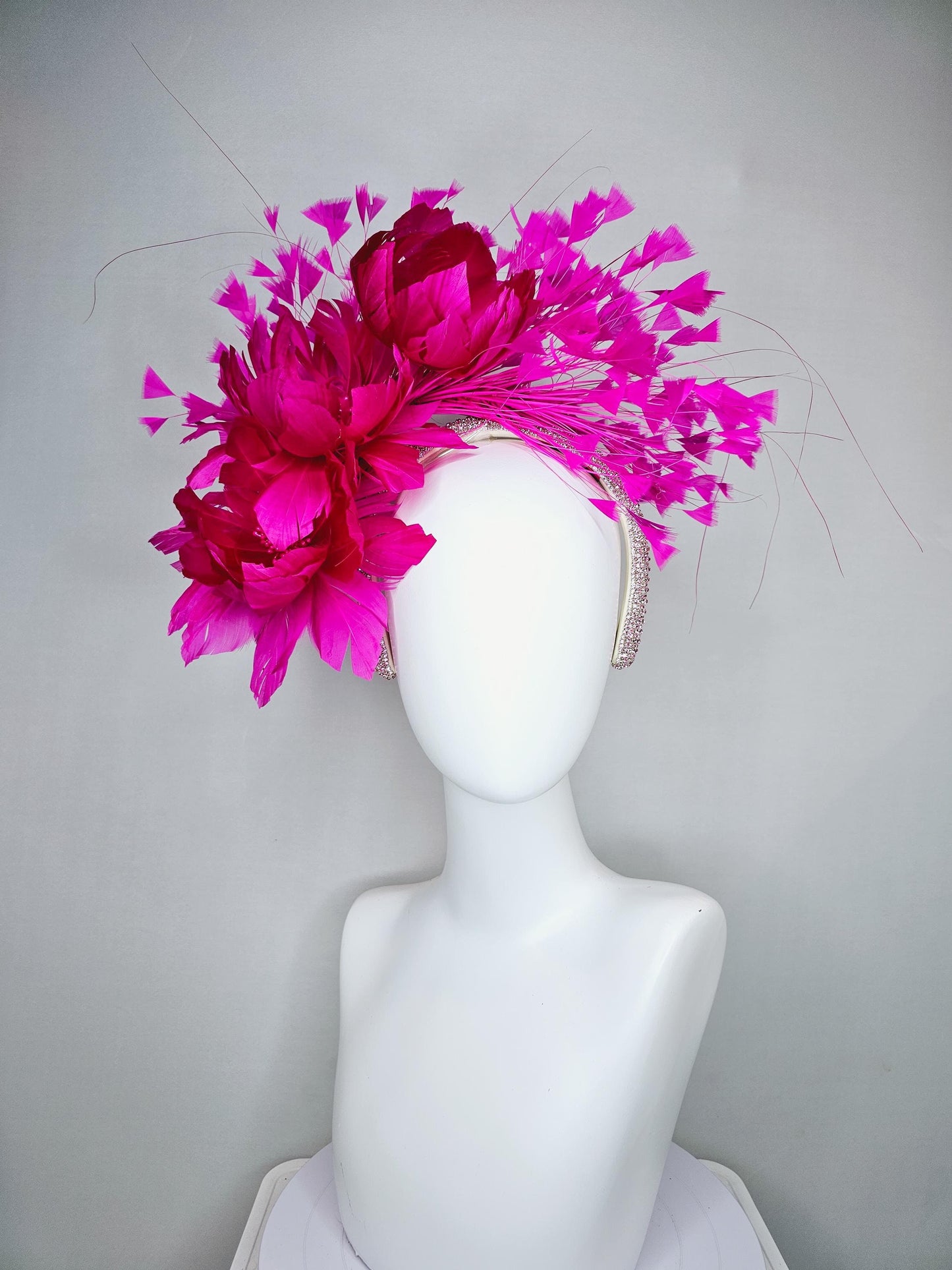 kentucky derby hat fascinator light pink crystal rhinestone headband with fuchsia hot pink fluffy feather flowers and hot pink feathers