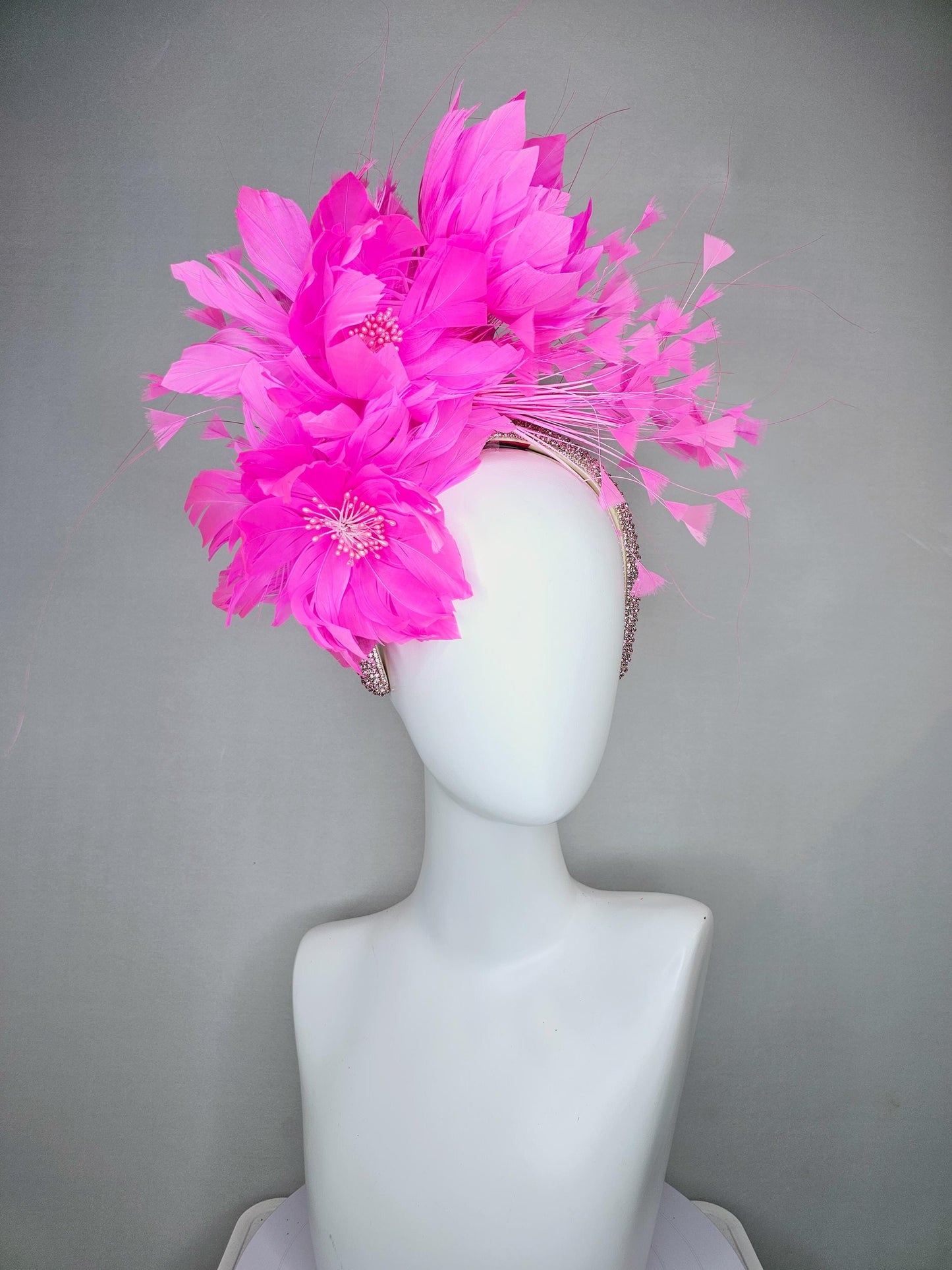 kentucky derby hat fascinator light pink crystal rhinestone headband,pink fluffy feather flowers with pearl core and pink branching feathers