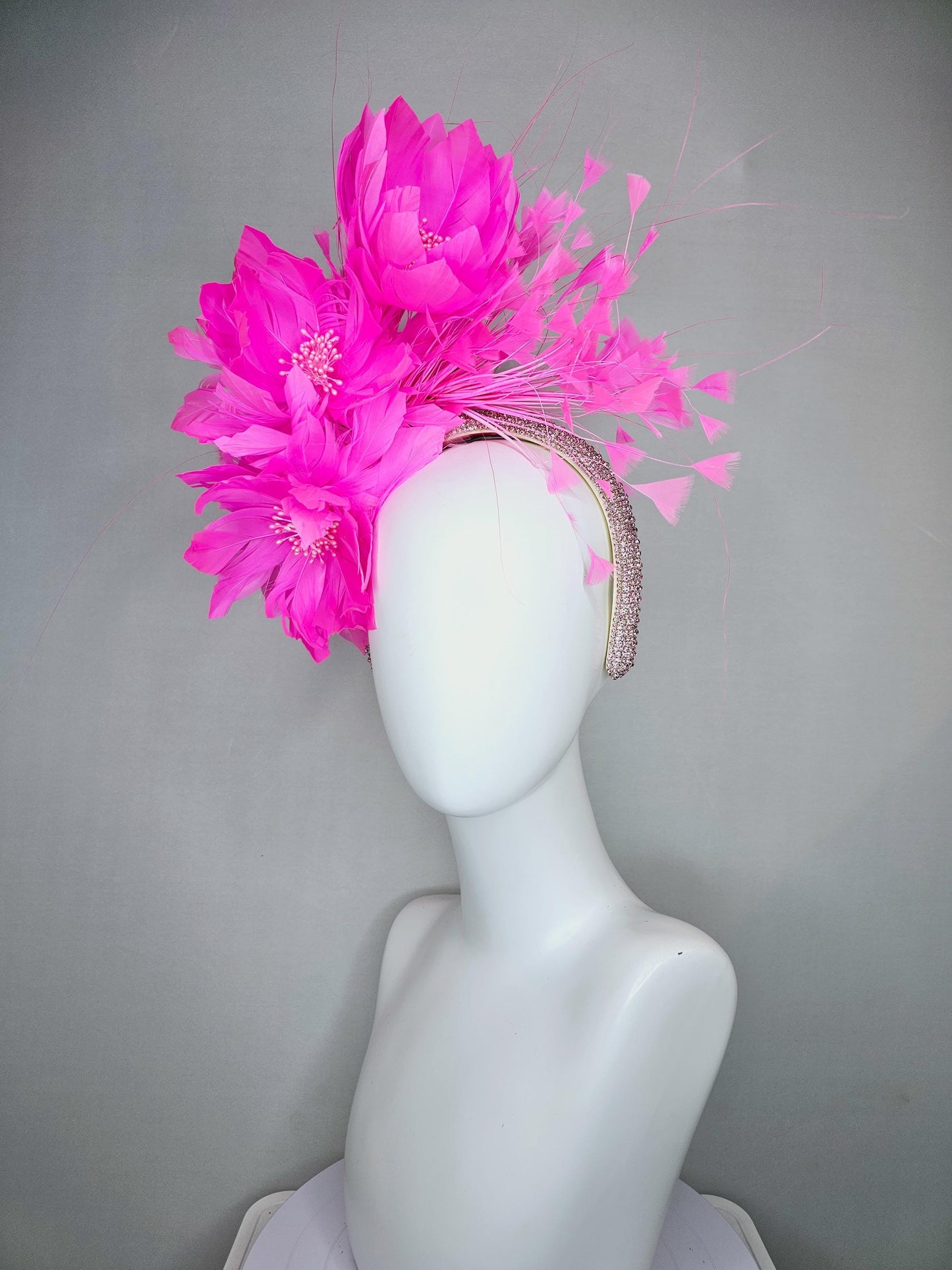 kentucky derby hat fascinator light pink crystal rhinestone headband,pink fluffy feather flowers with pearl core and pink branching feathers