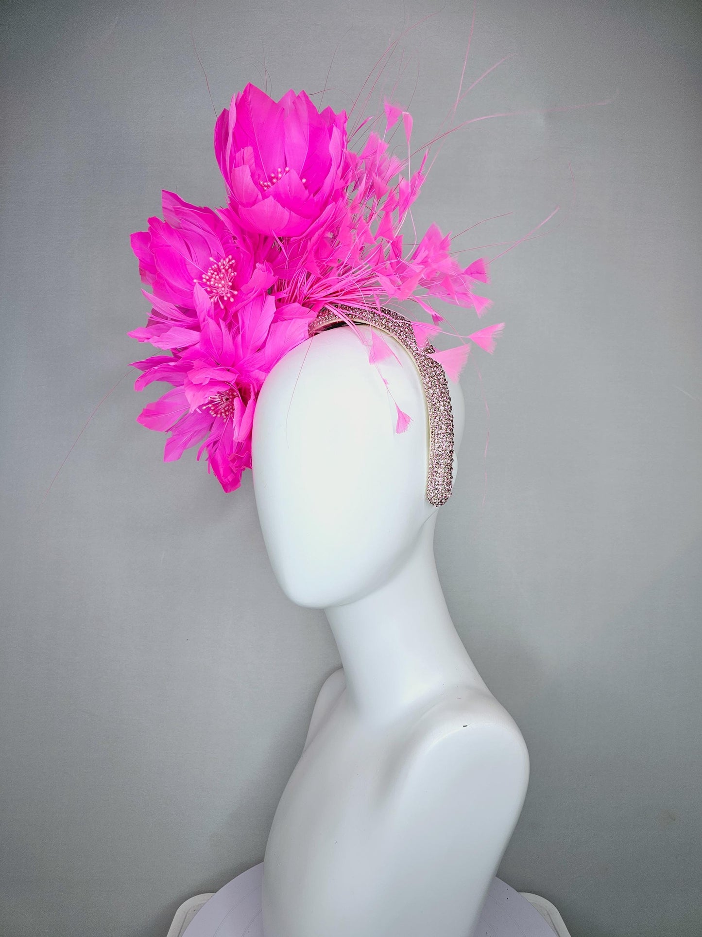 kentucky derby hat fascinator light pink crystal rhinestone headband,pink fluffy feather flowers with pearl core and pink branching feathers