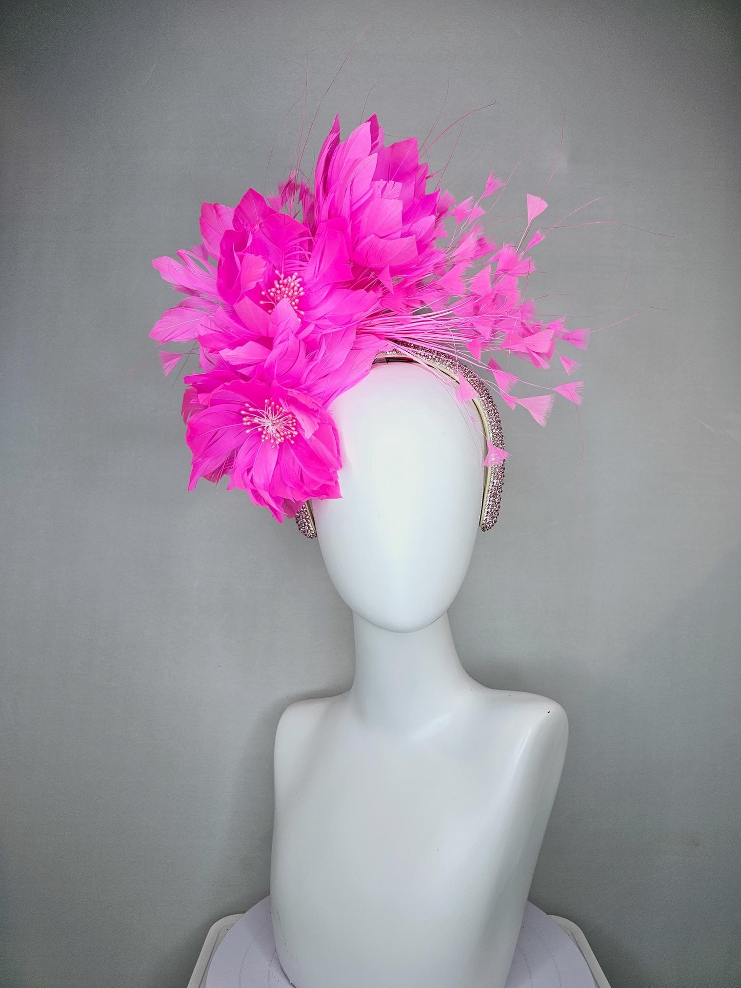 kentucky derby hat fascinator light pink crystal rhinestone headband,pink fluffy feather flowers with pearl core and pink branching feathers