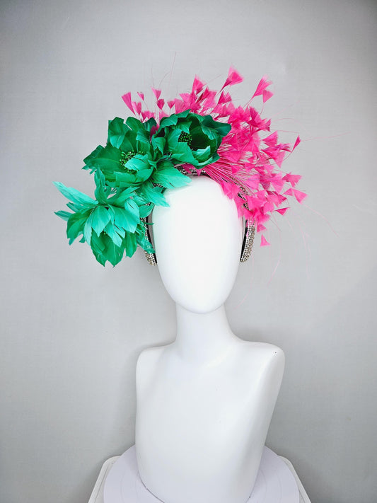 kentucky derby hat fascinator rhinestone crystal headband with bright green fluffy feather flowers and pink branching feathers