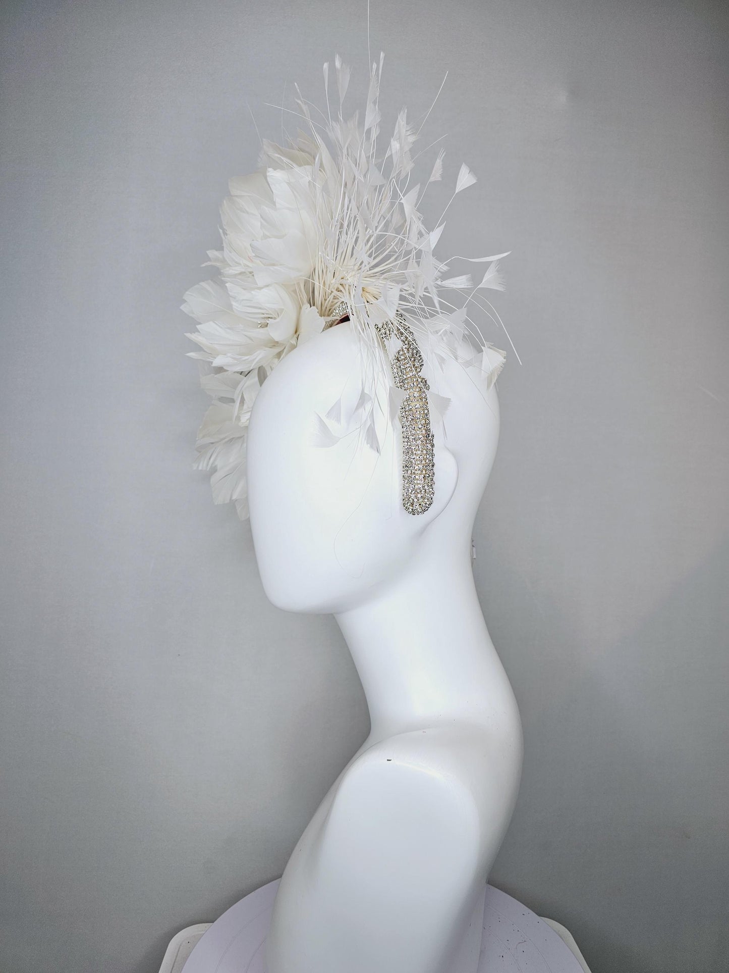 kentucky derby hat fascinator crystal rhinestone headband,with white feather flowers with pearl core,and white branching feathers