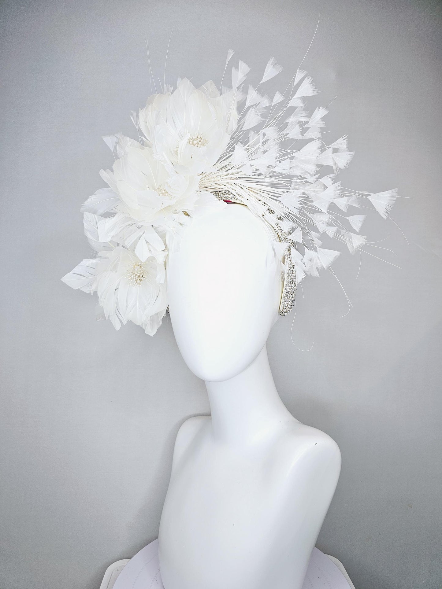 kentucky derby hat fascinator crystal rhinestone headband,with white feather flowers with pearl core,and white branching feathers